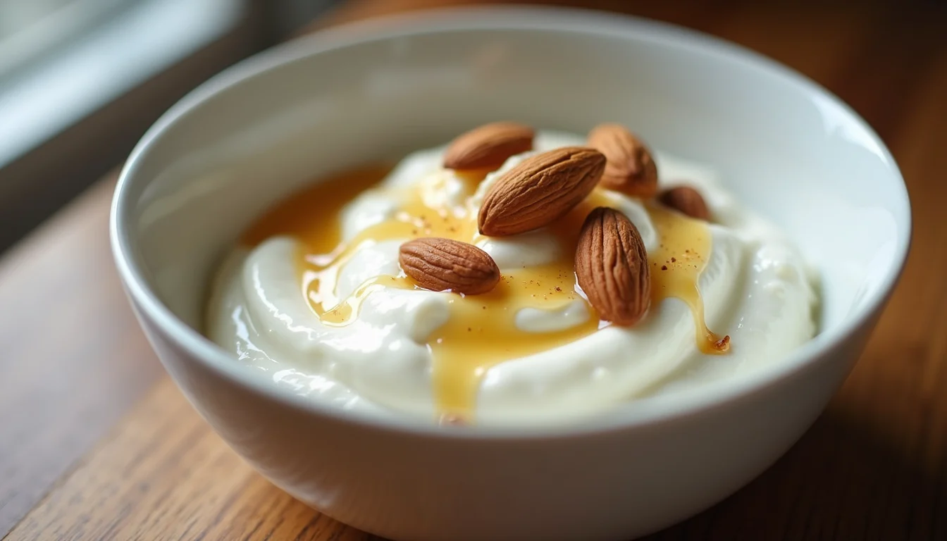Close-up view of a bowl of Greek yogurt topped with almonds and honey