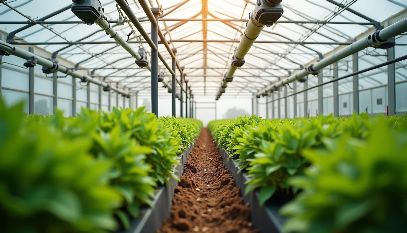 High angle view of a modern greenhouse with automated irrigation systems
