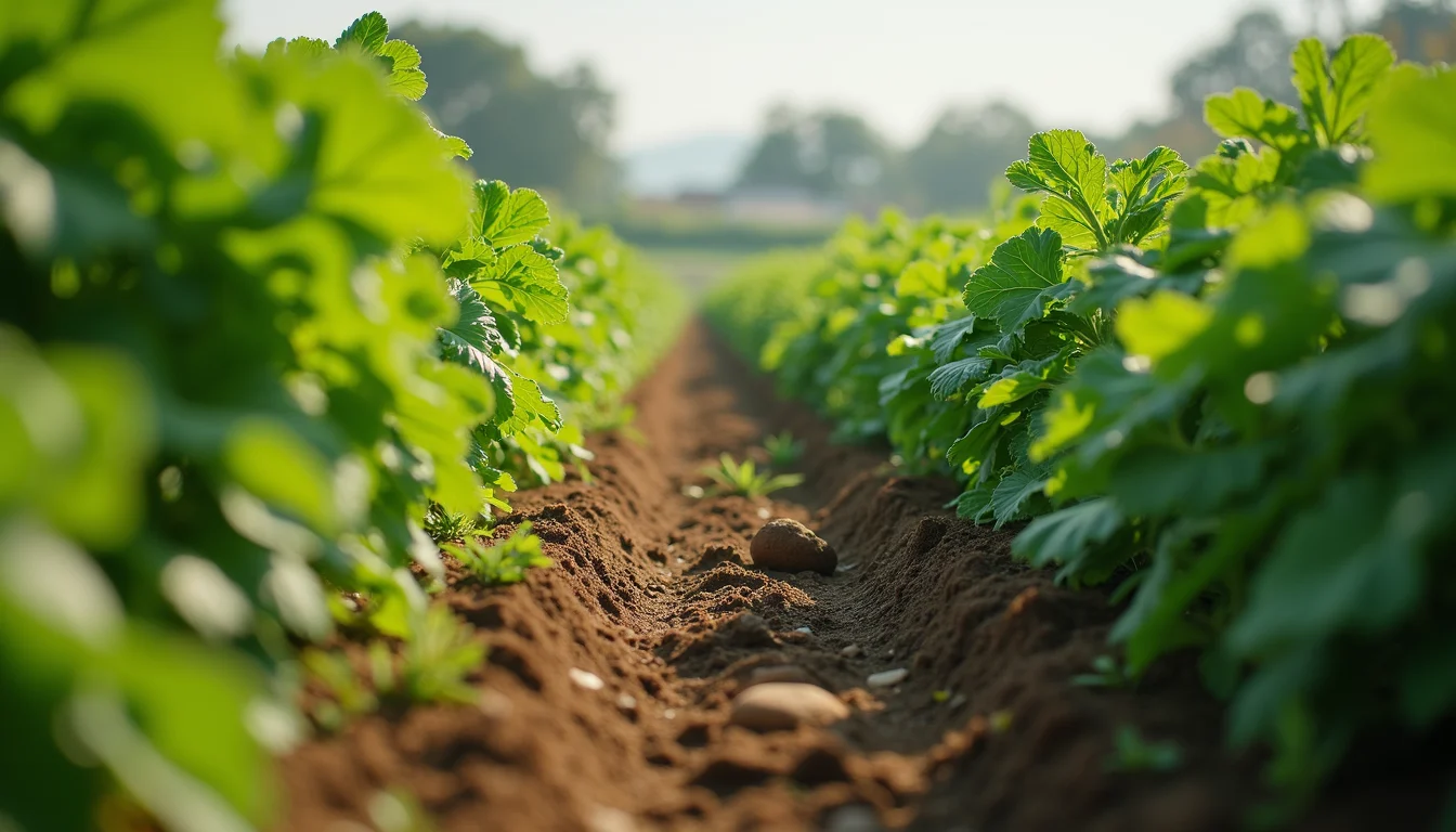 Eye-level view of a diverse vegetable farm with multiple crops growing