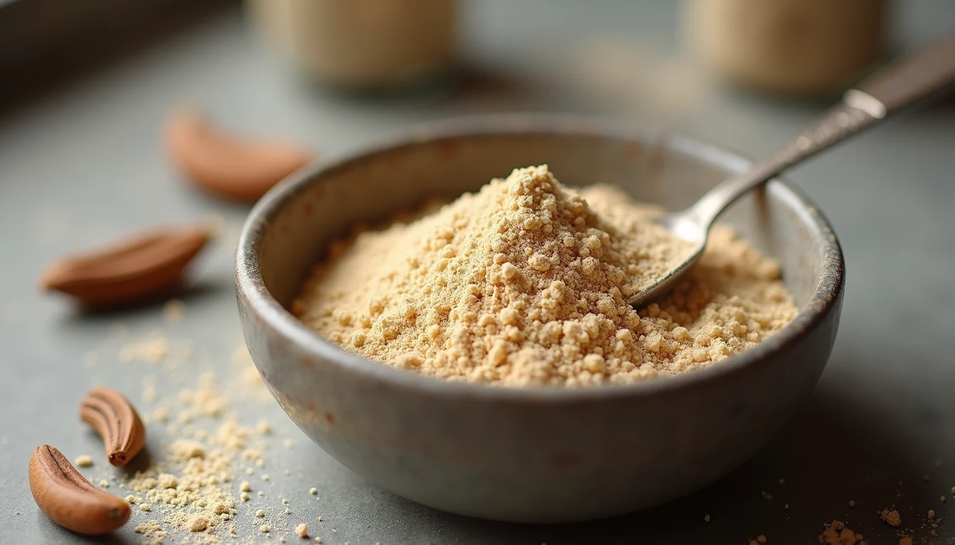 Eye-level view of insect protein powder in a bowl with measuring spoon