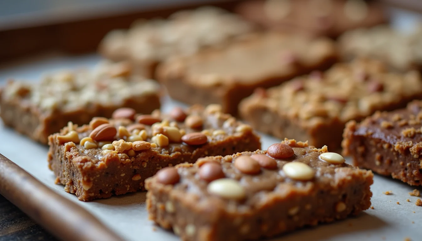Eye-level view of a tray with assorted protein bars and nuts
