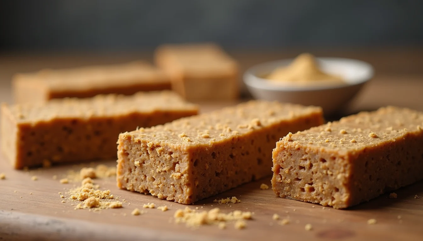Eye-level view of protein bars made with cricket protein powder on a wooden table