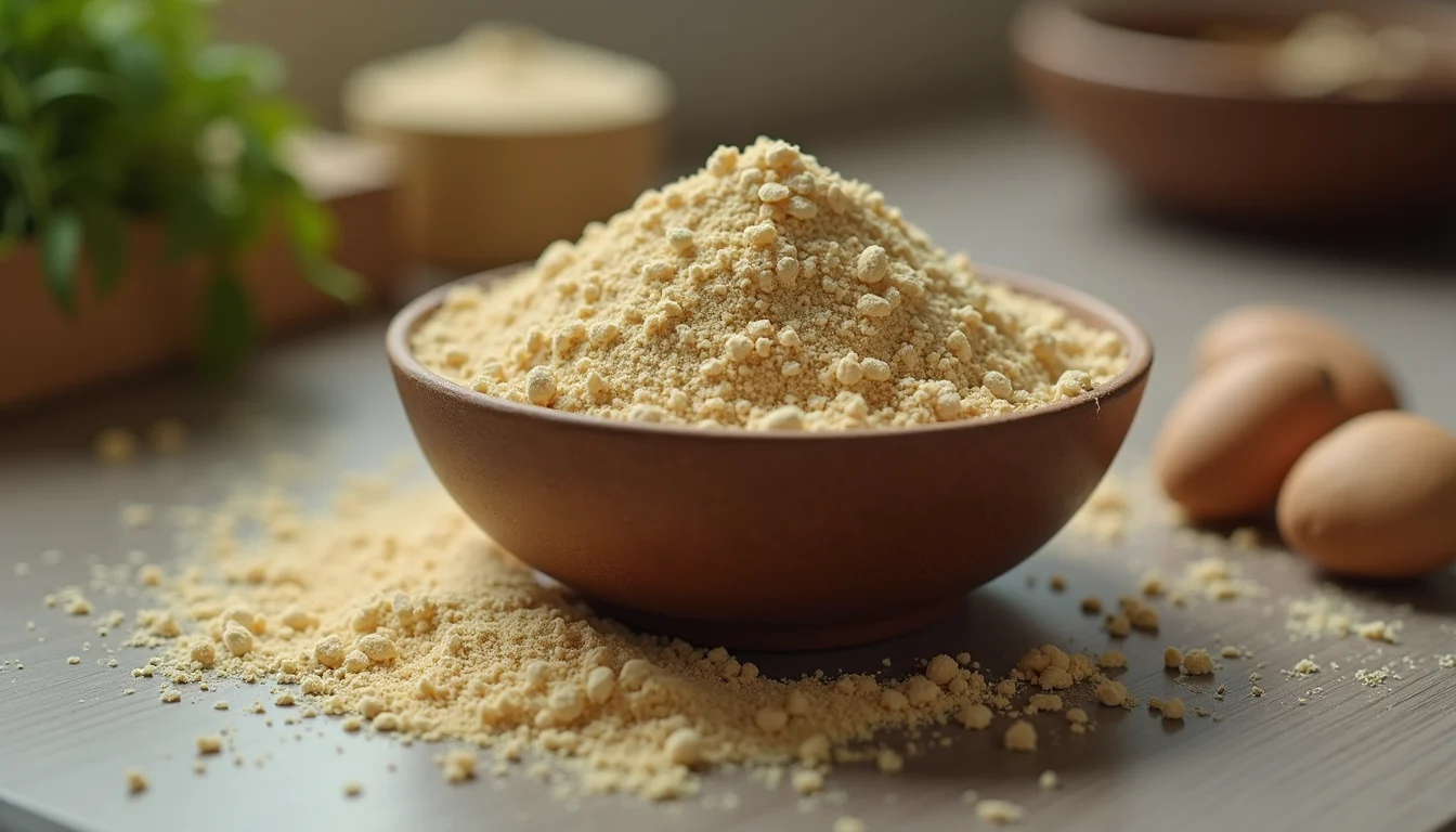 Eye-level view of a bowl filled with cricket flour on a kitchen counter