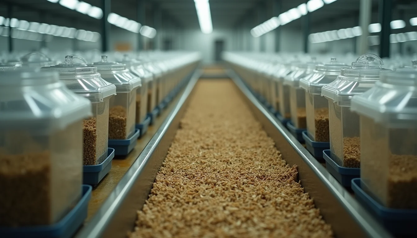 High angle view of cricket farming facility with rows of cricket containers