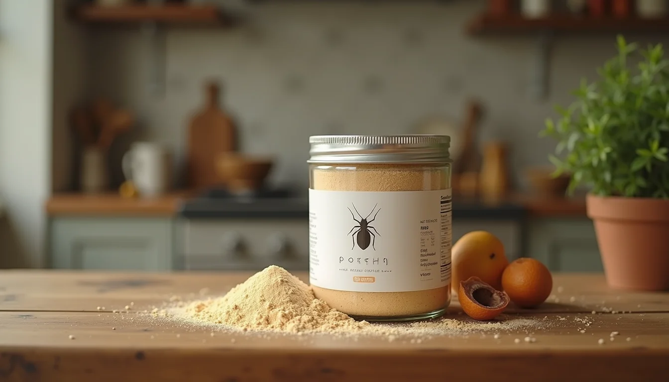 Eye-level view of packaged insect protein powder on a wooden table