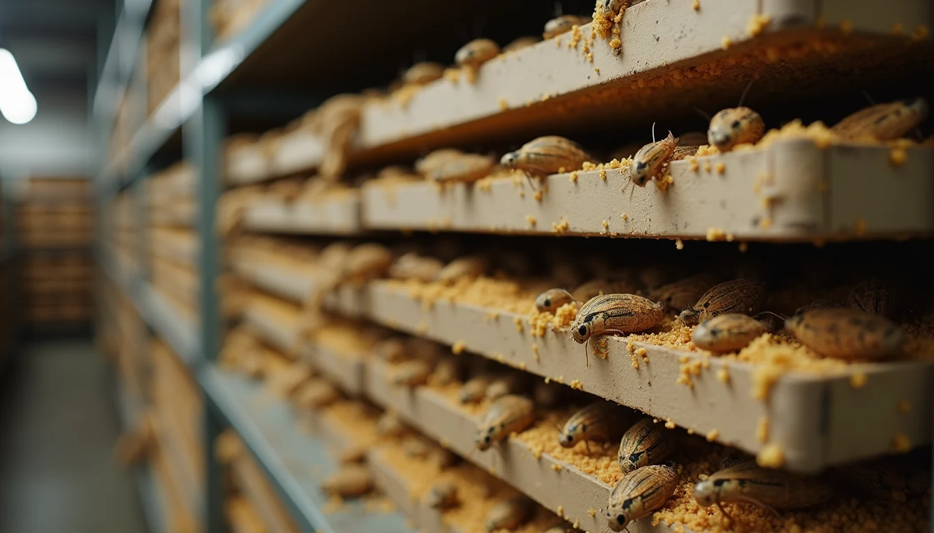 Close-up view of cricket farm with stacked trays