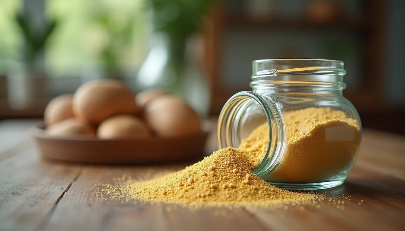 Eye-level view of insect protein powder in a glass jar on a wooden table