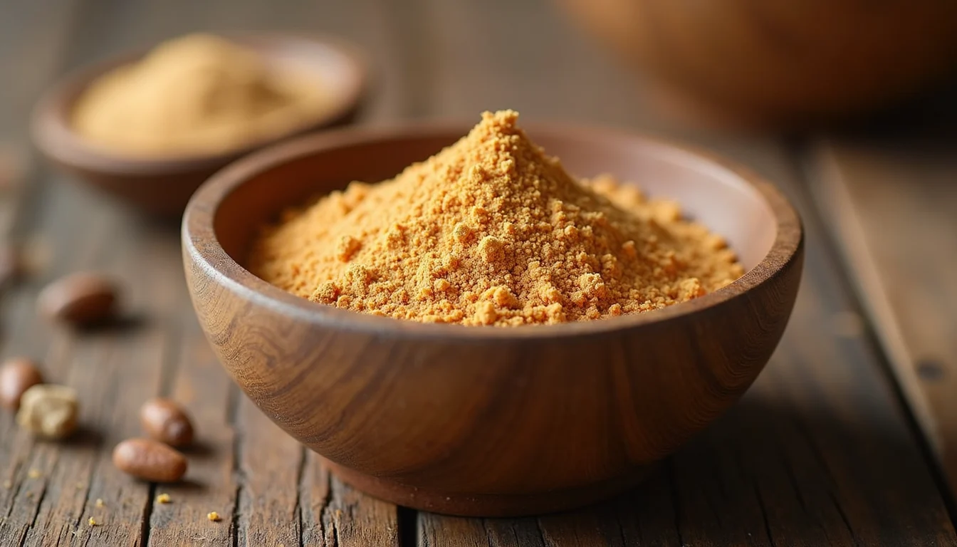 Close-up view of cricket protein powder in a wooden bowl