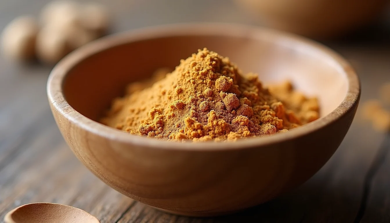 Close-up view of cricket protein powder in a wooden bowl
