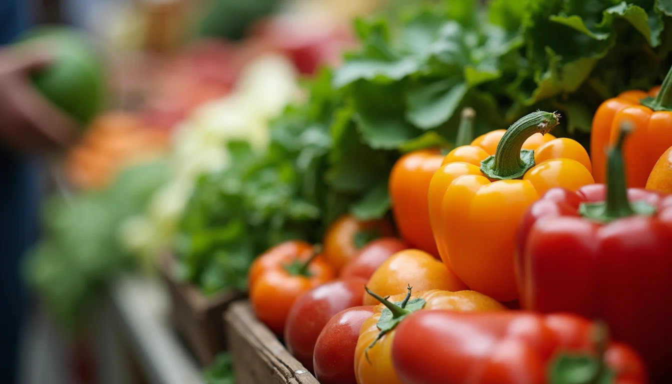 Close-up view of fresh organic vegetables in a market