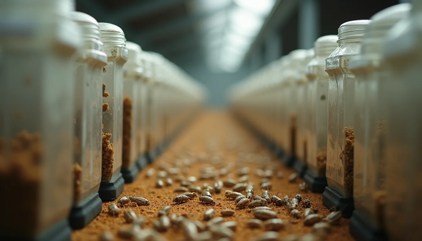 Close-up view of cricket farm with rows of insect containers