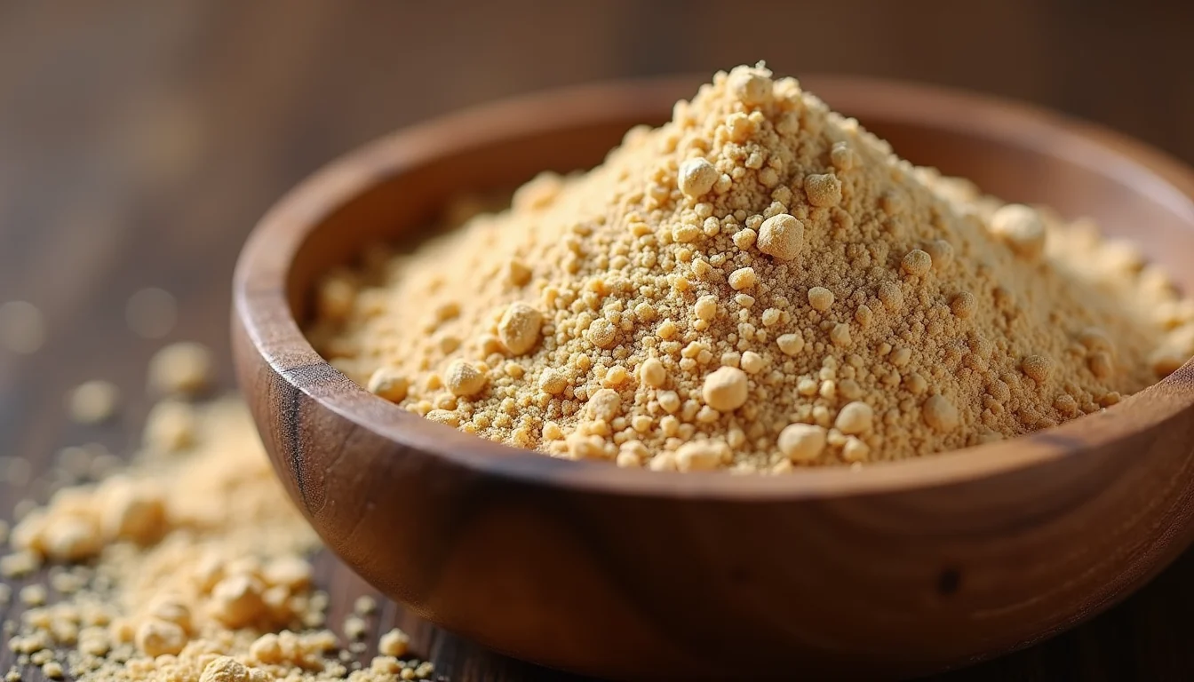 Close-up view of cricket protein powder in a wooden bowl