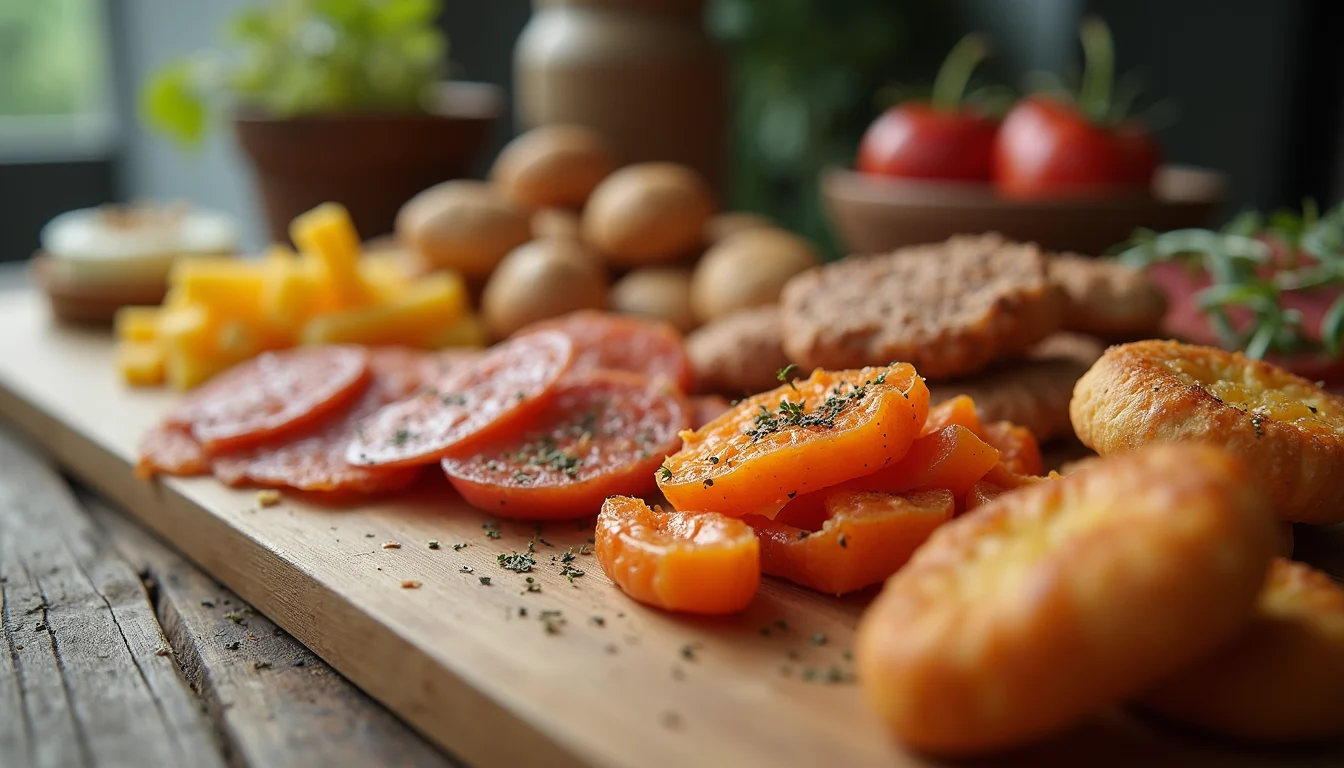 Eye-level view of a variety of protein-rich snacks arranged on a wooden table