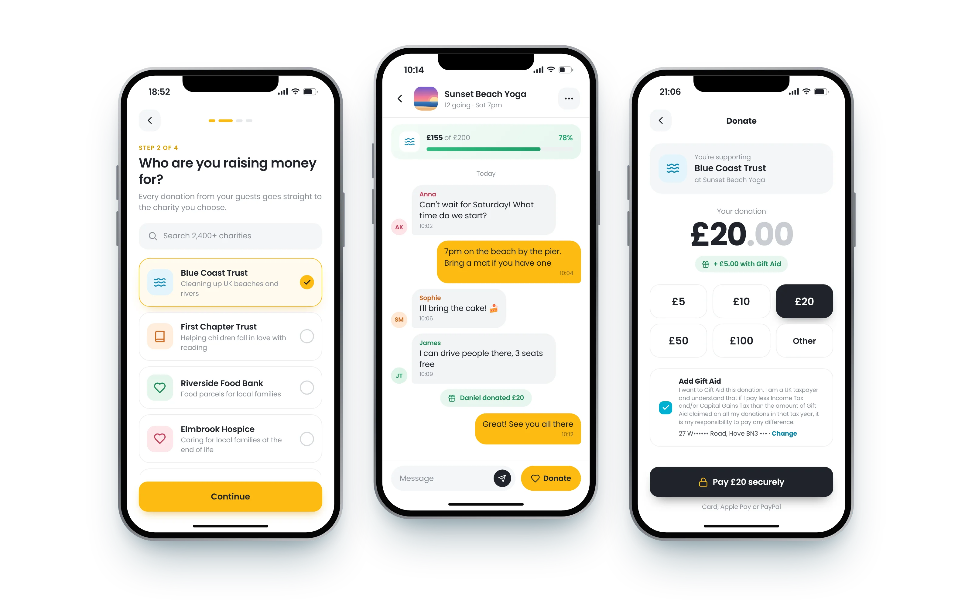 Three Chatraise app screens: choosing a charity, a group chat for a beach yoga event with its fundraising total, and the donation screen