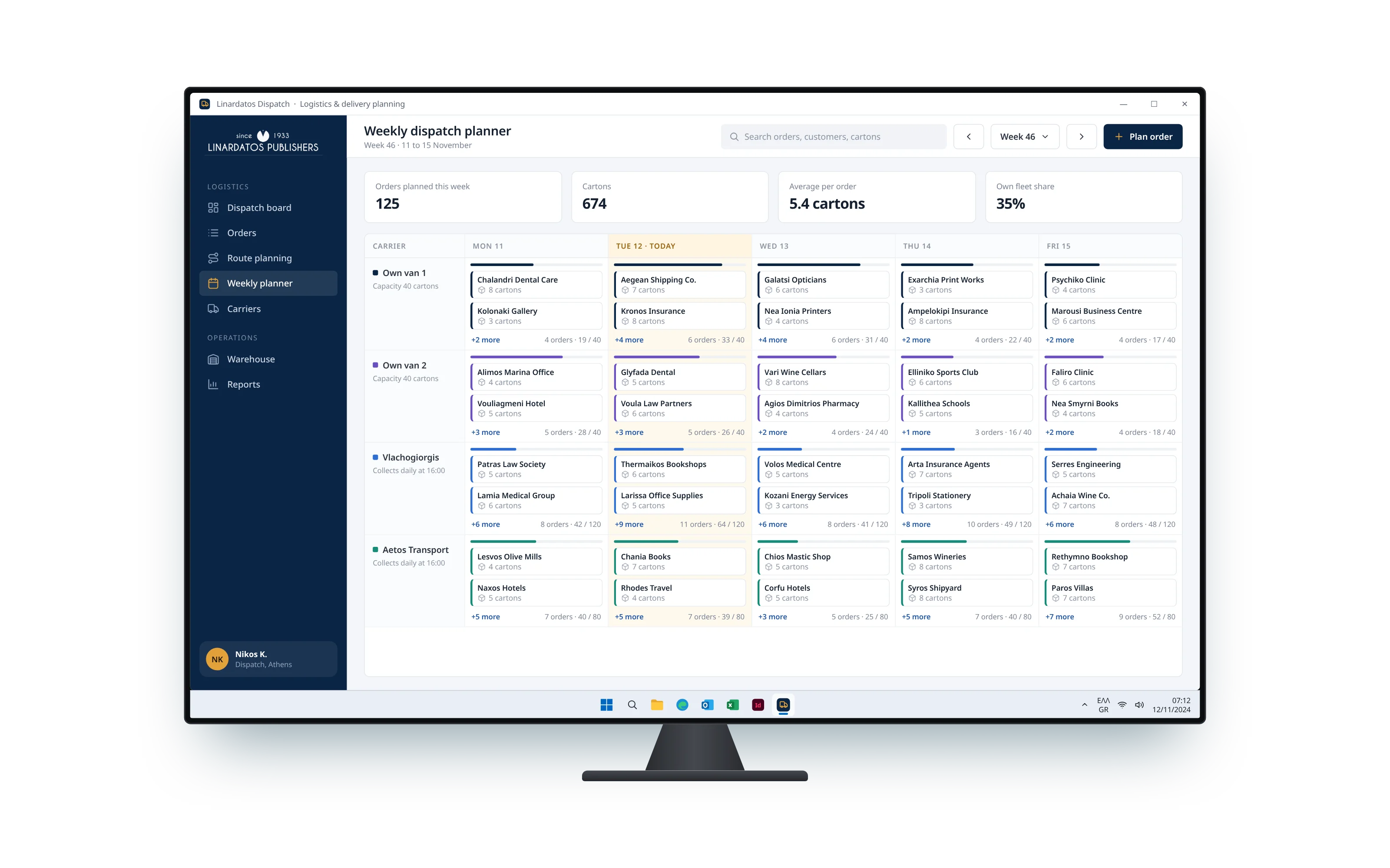 The weekly dispatch planner, balancing the company's own vans against outside carriers
