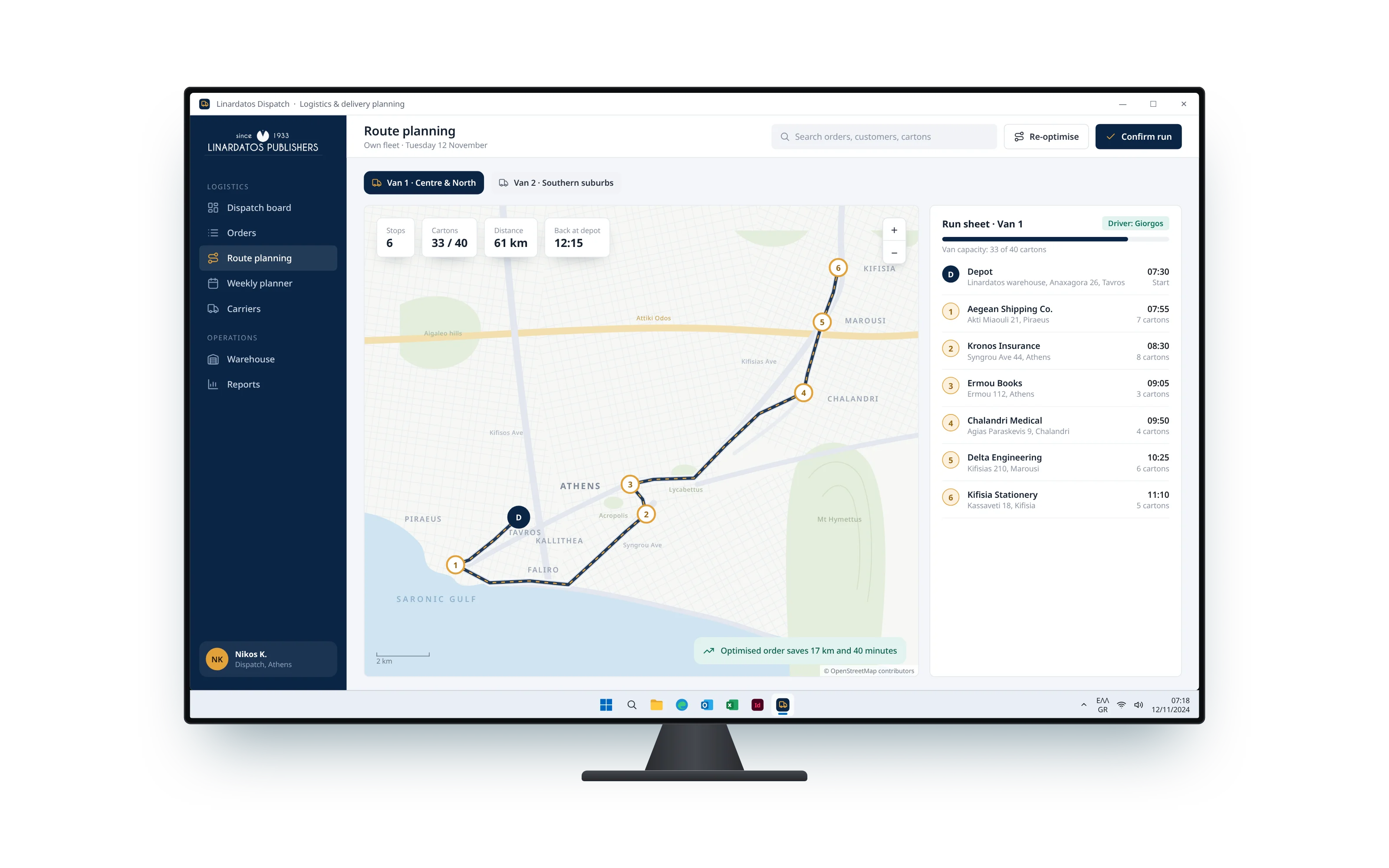 Route planning for the company's own van, with stops in order and a run sheet for the driver