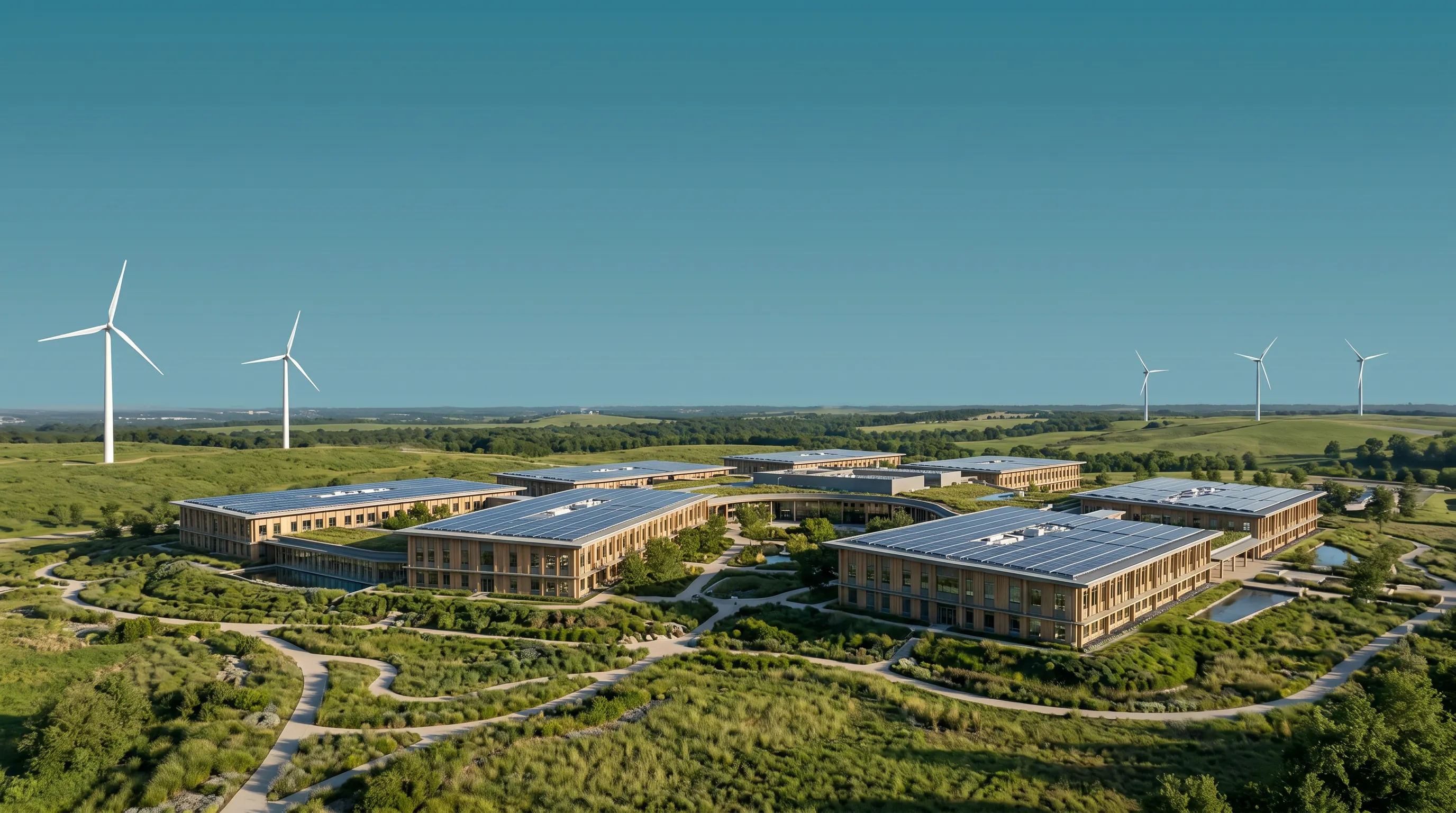 Sustainable data center campus integrated into a green landscape