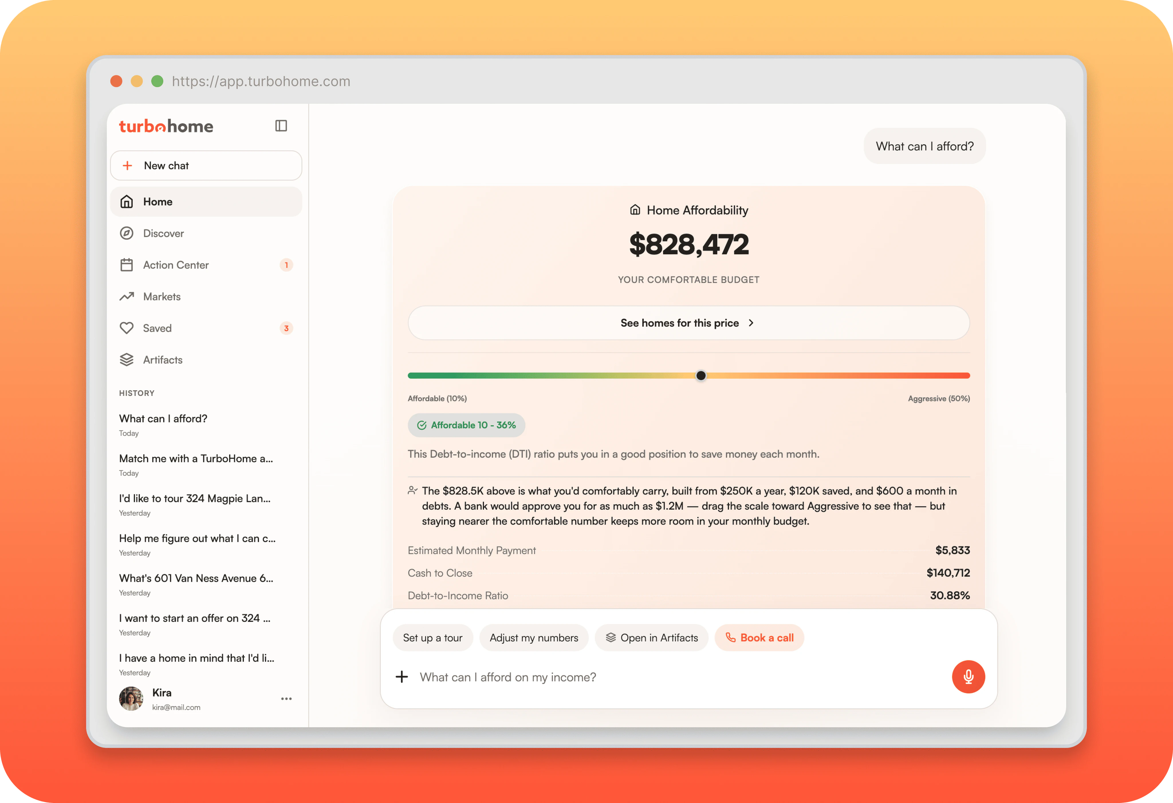 TurboHome app affordability analysis screen