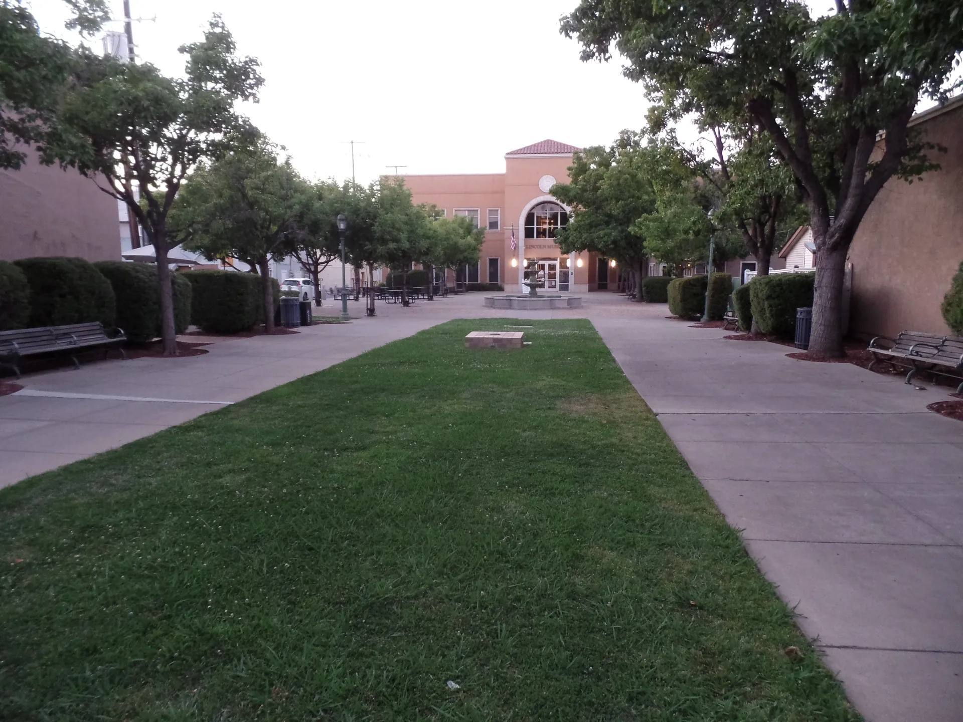 Beerman Plaza lawn and walkways in downtown Lincoln, California, near Sun City Lincoln Hills