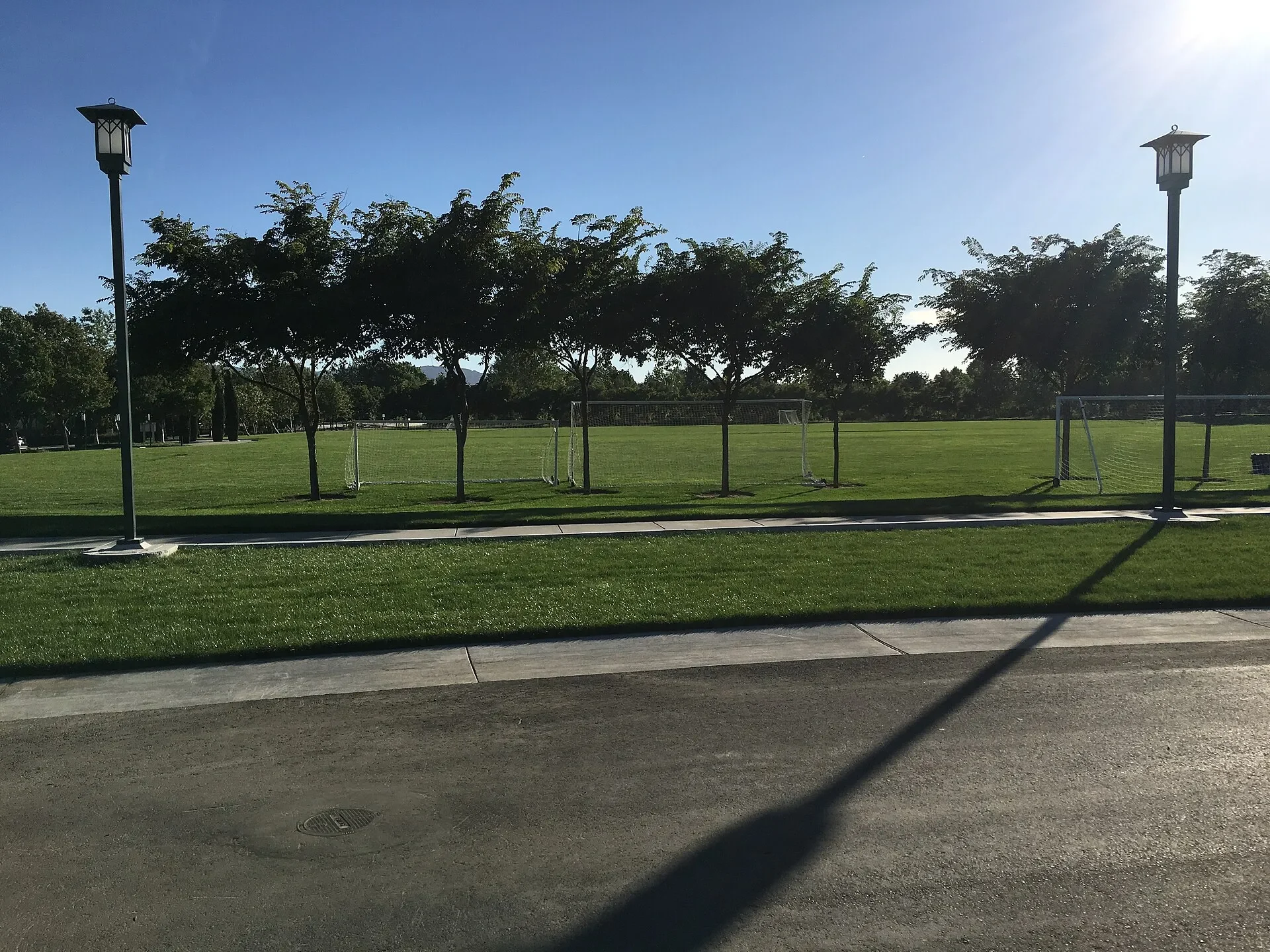 Open lawn and trees at Emerald Glen Park next to Dublin Ranch in Dublin, California
