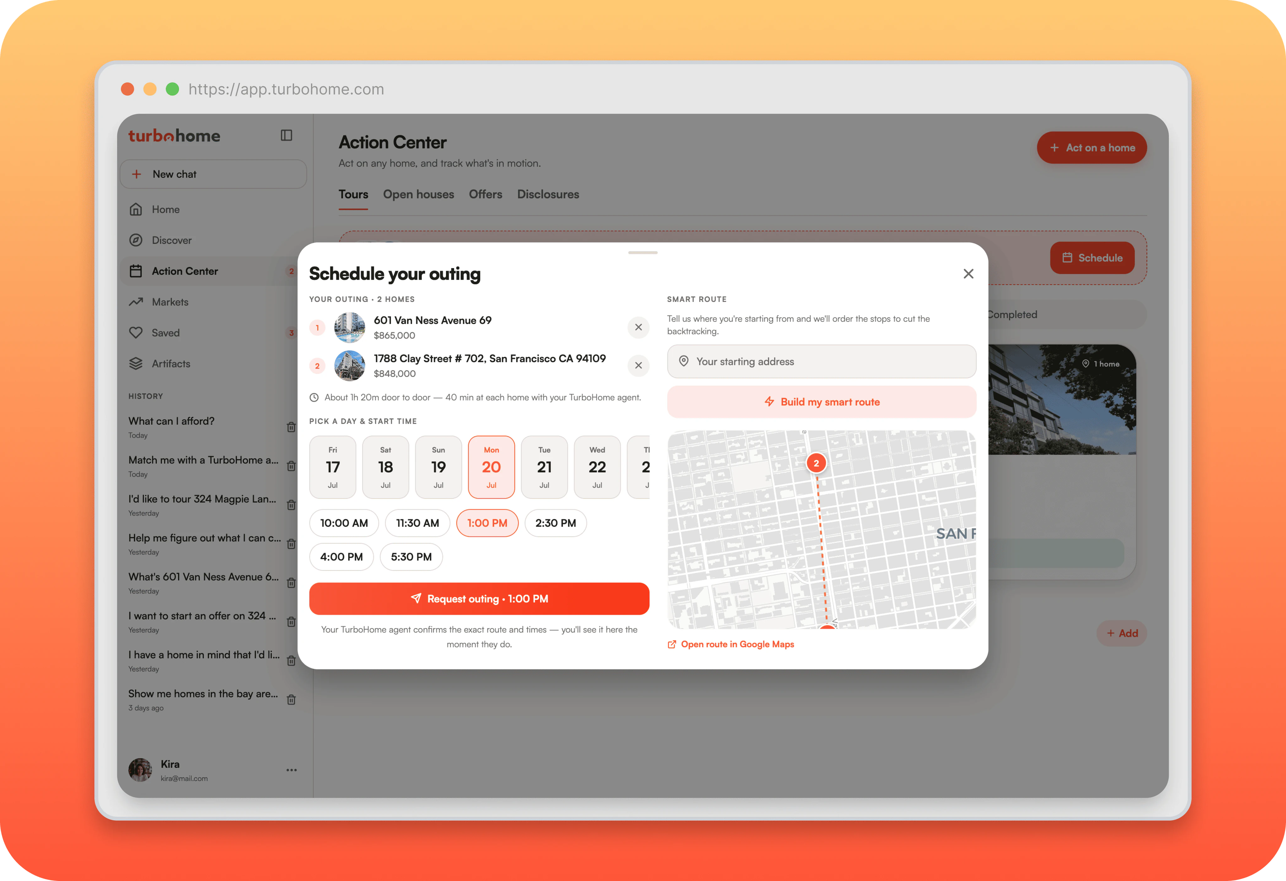 TurboHome tour scheduling and smart routing