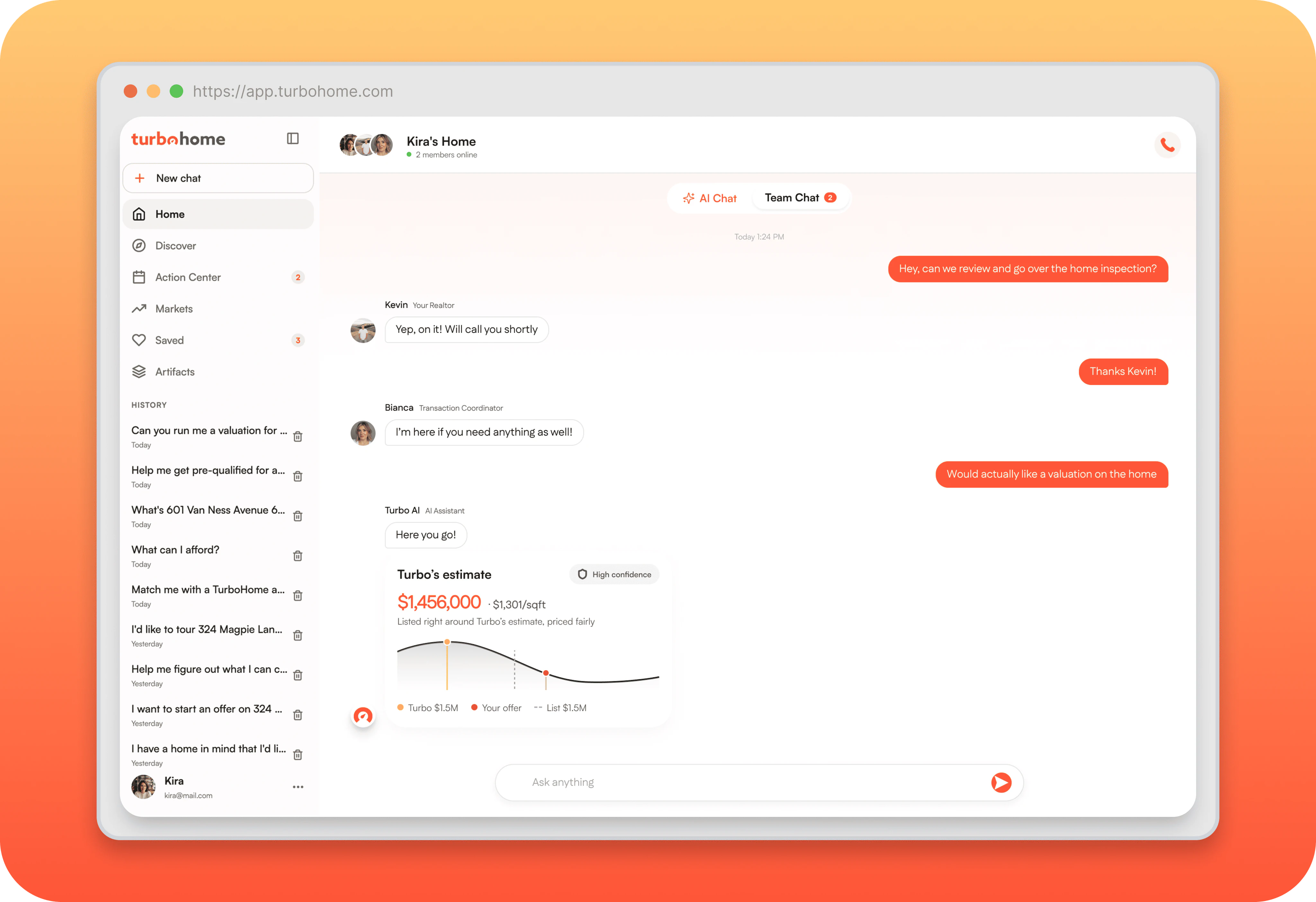TurboHome shared AI and real estate team chat