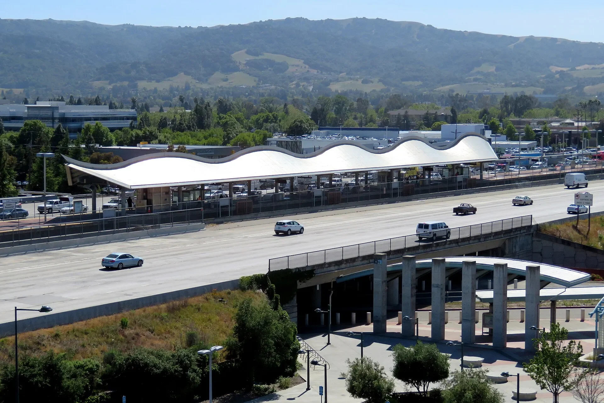Dublin/Pleasanton BART station seen from the parking garage in Dublin, California
