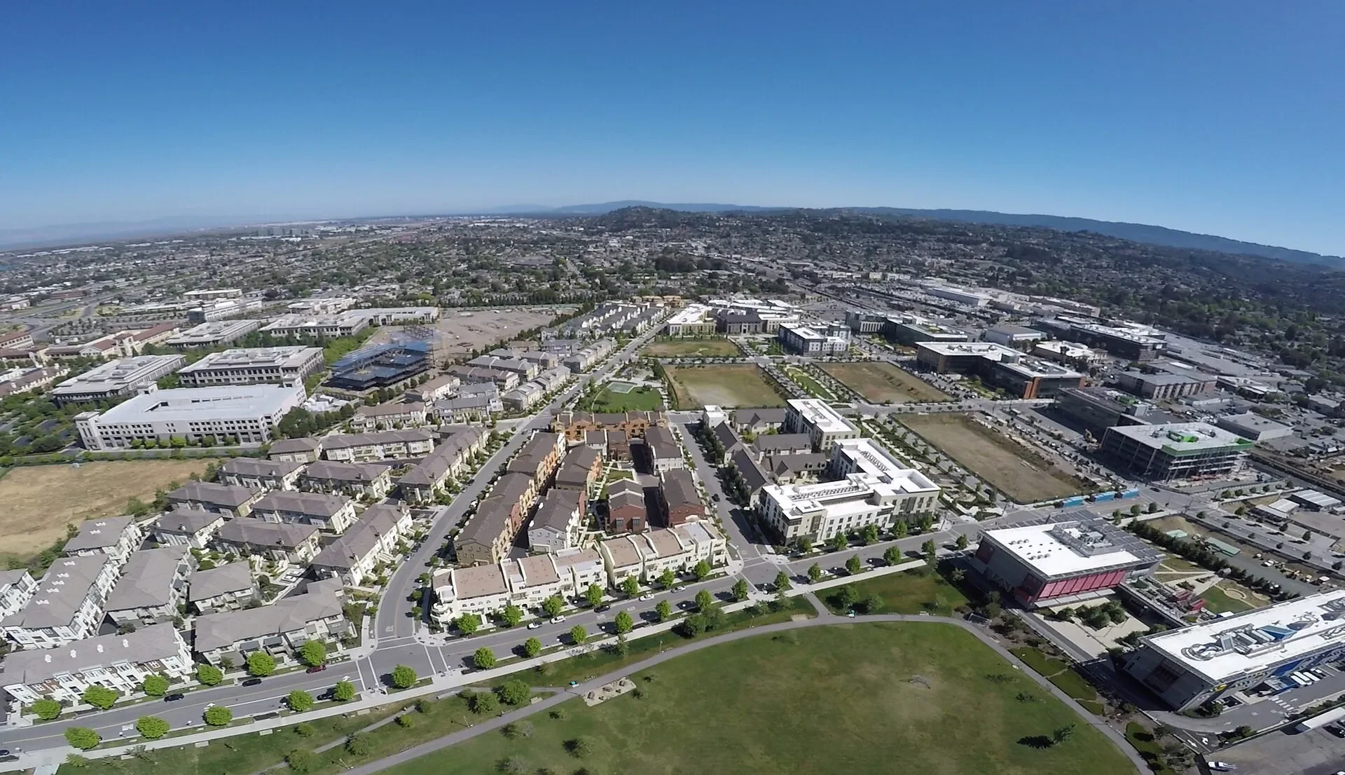 Aerial view of the Bay Meadows neighborhood and park in San Mateo, California