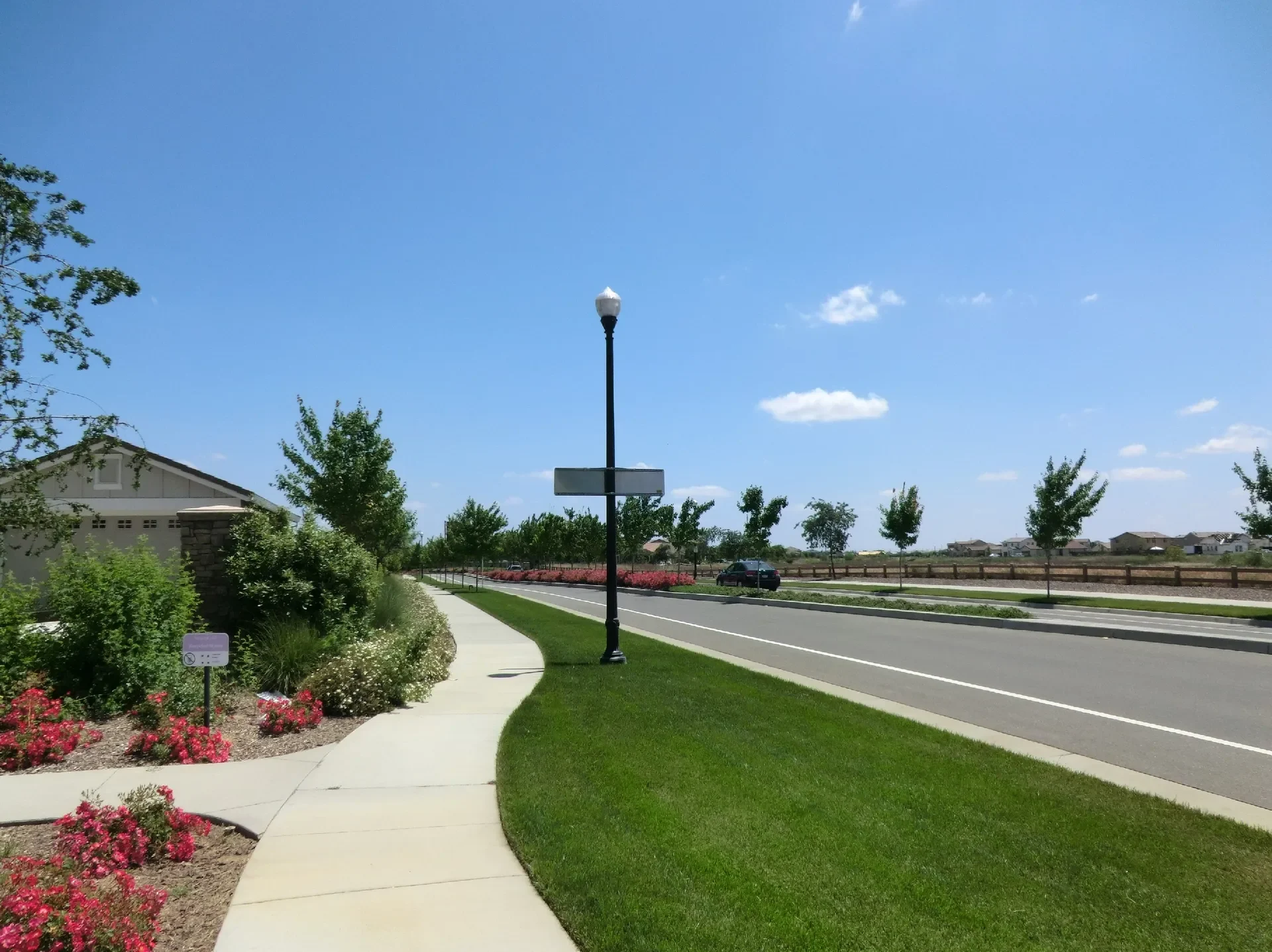 Landscaped sidewalk and homes along Hayden Parkway in West Roseville, California, near WestPark