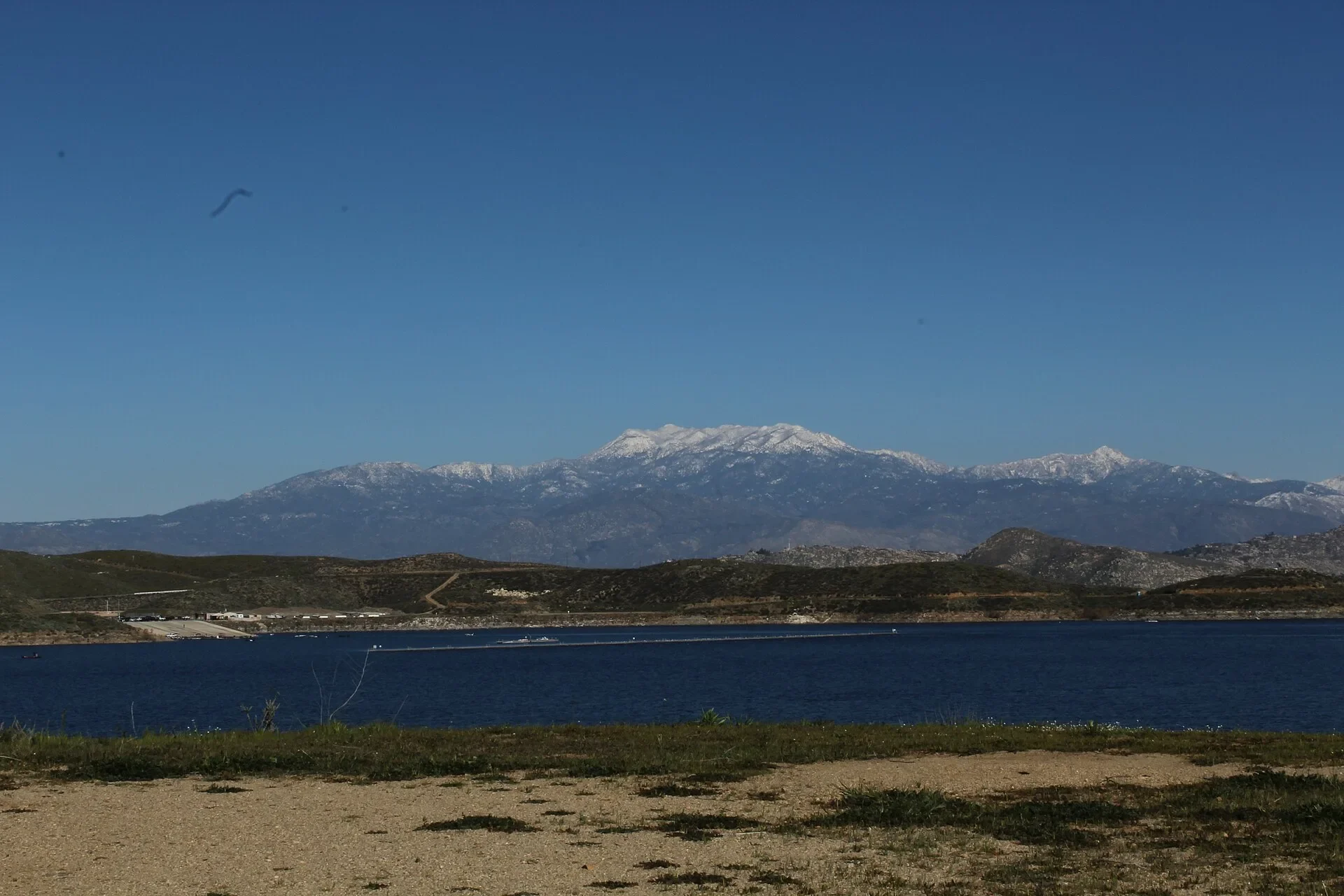 Diamond Valley Lake with the snow-capped San Jacinto Mountains beyond, just south of Rancho Diamante in Hemet