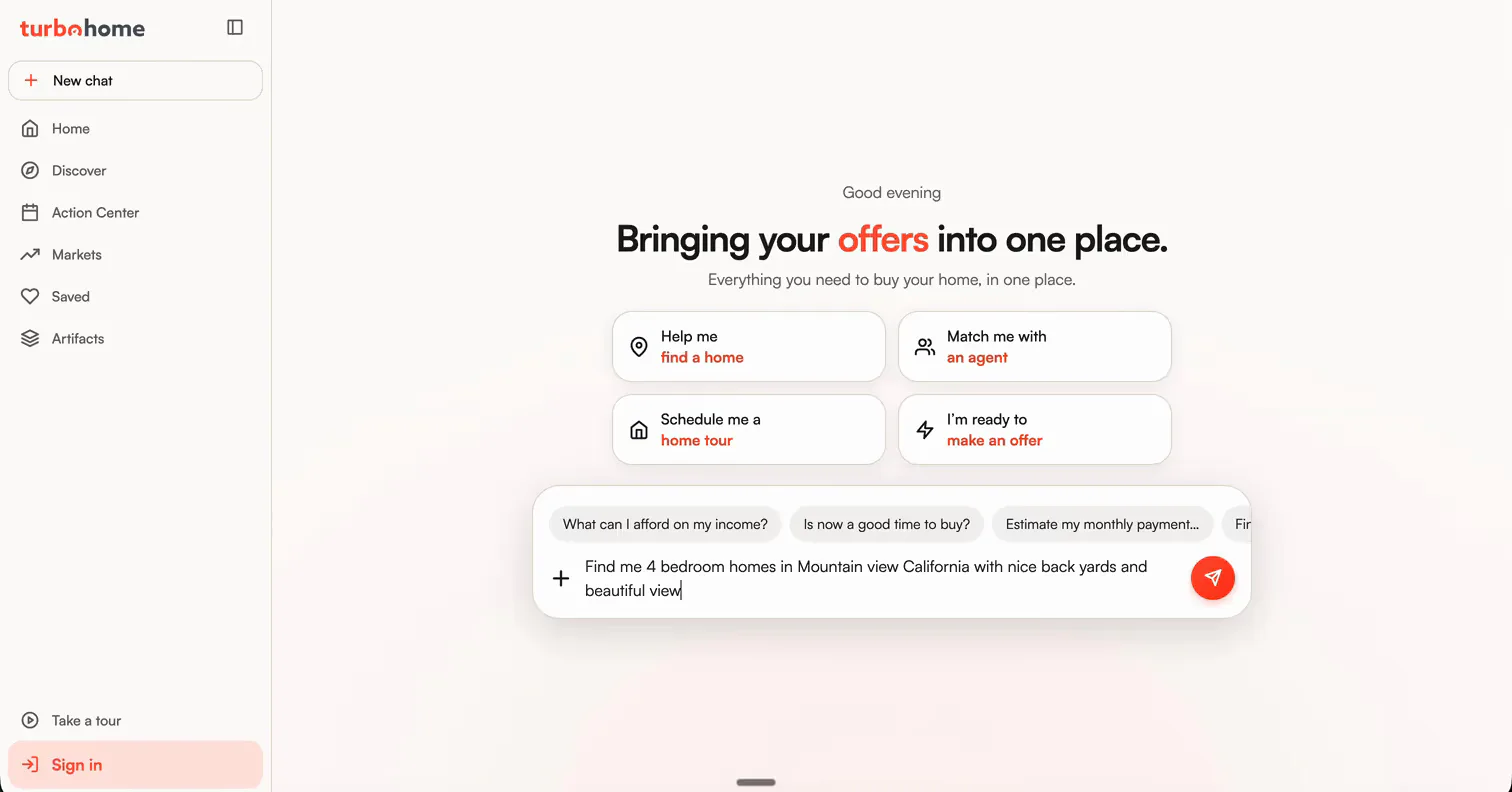 TurboHome app home screen with shortcuts to find a home, match with an agent, schedule a tour, and make an offer