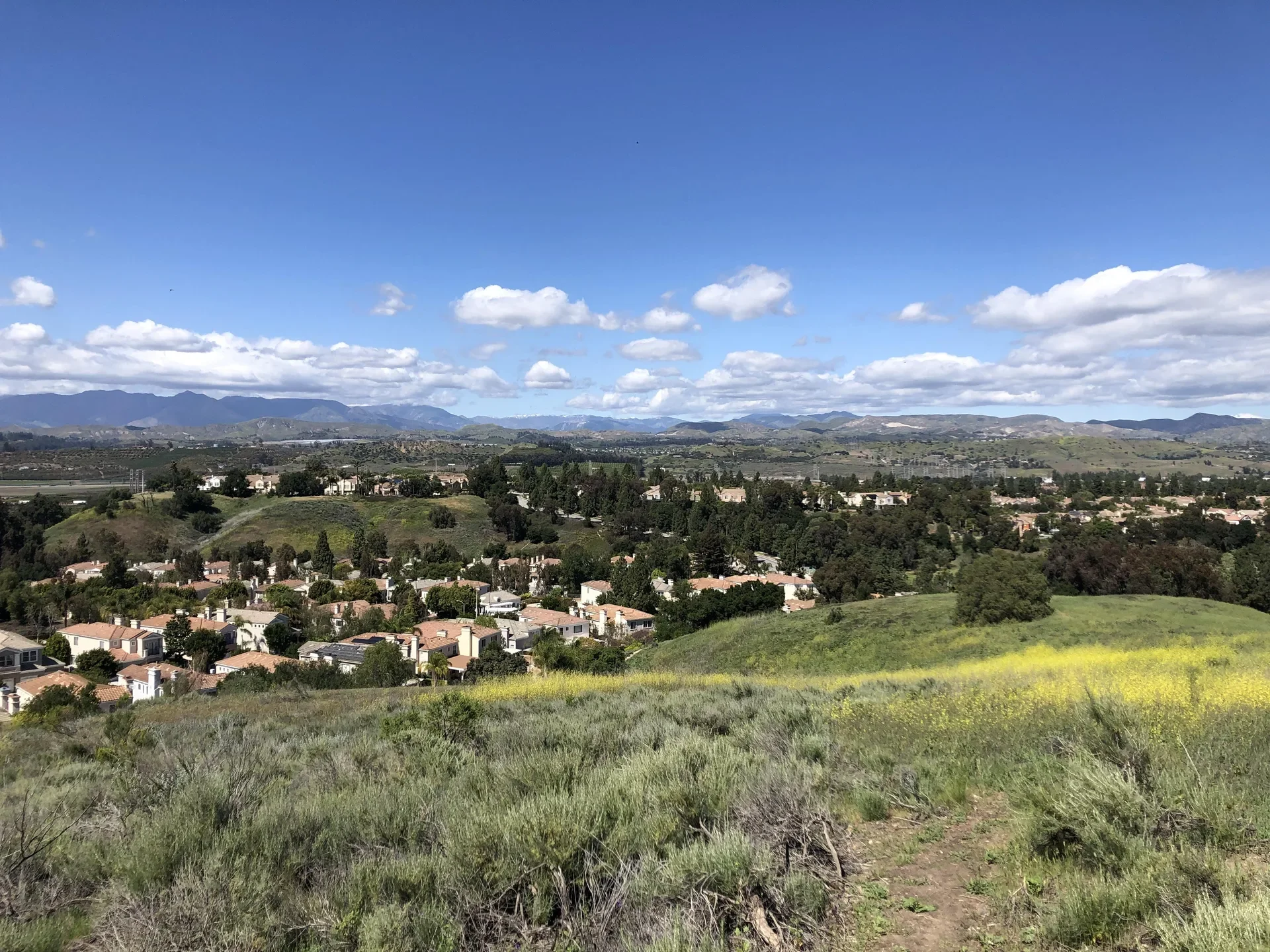 Green hills, rooftops, and mountains in Moorpark, near Hitch Ranch