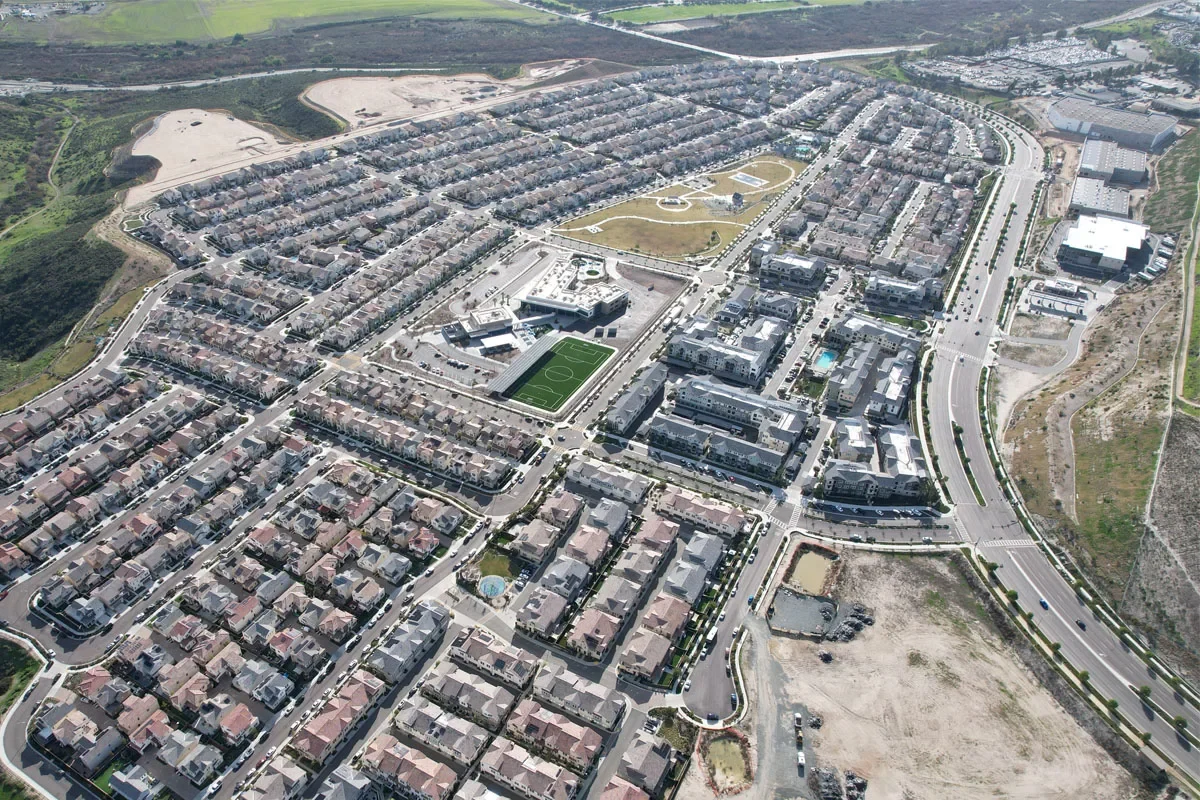 Aerial view of Escaya homes, streets, and green space in Otay Ranch, Chula Vista