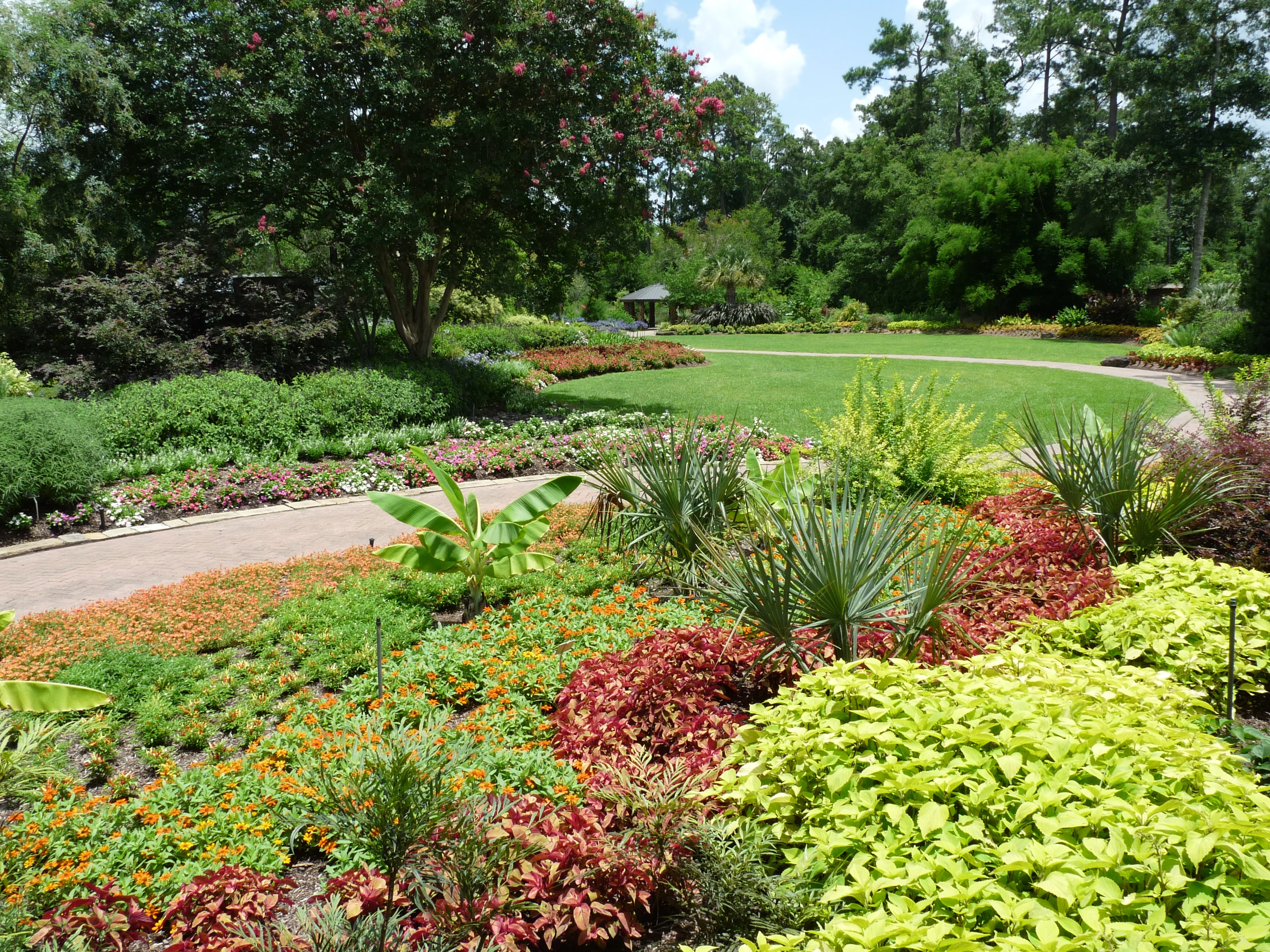 Flower beds and lawn at Mercer Botanic Gardens on Aldine Westfield Road, near Breckenridge Forest in Spring, Texas