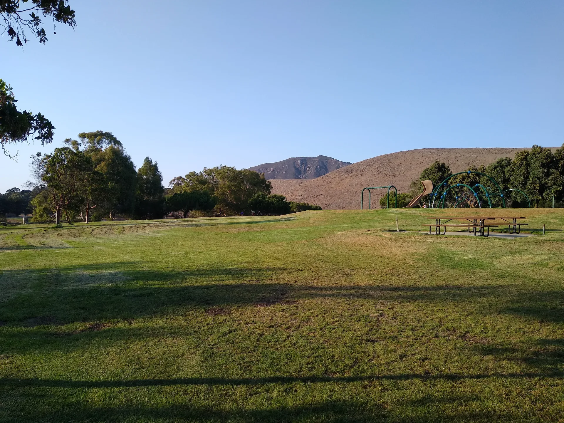 Grassy meadow and hills at Laguna Lake Park in San Luis Obispo, California
