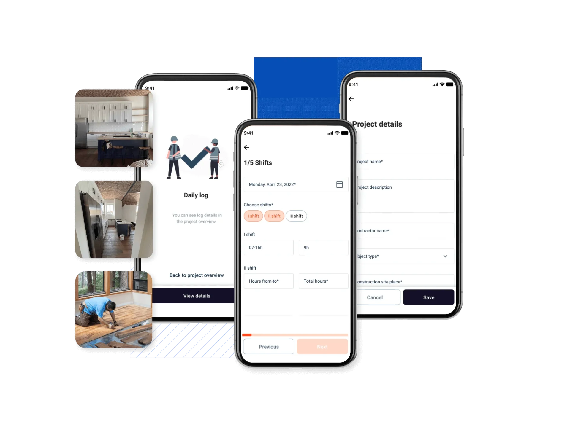 BauBau construction diary product screens showing a daily log, shift-entry form, and project details.