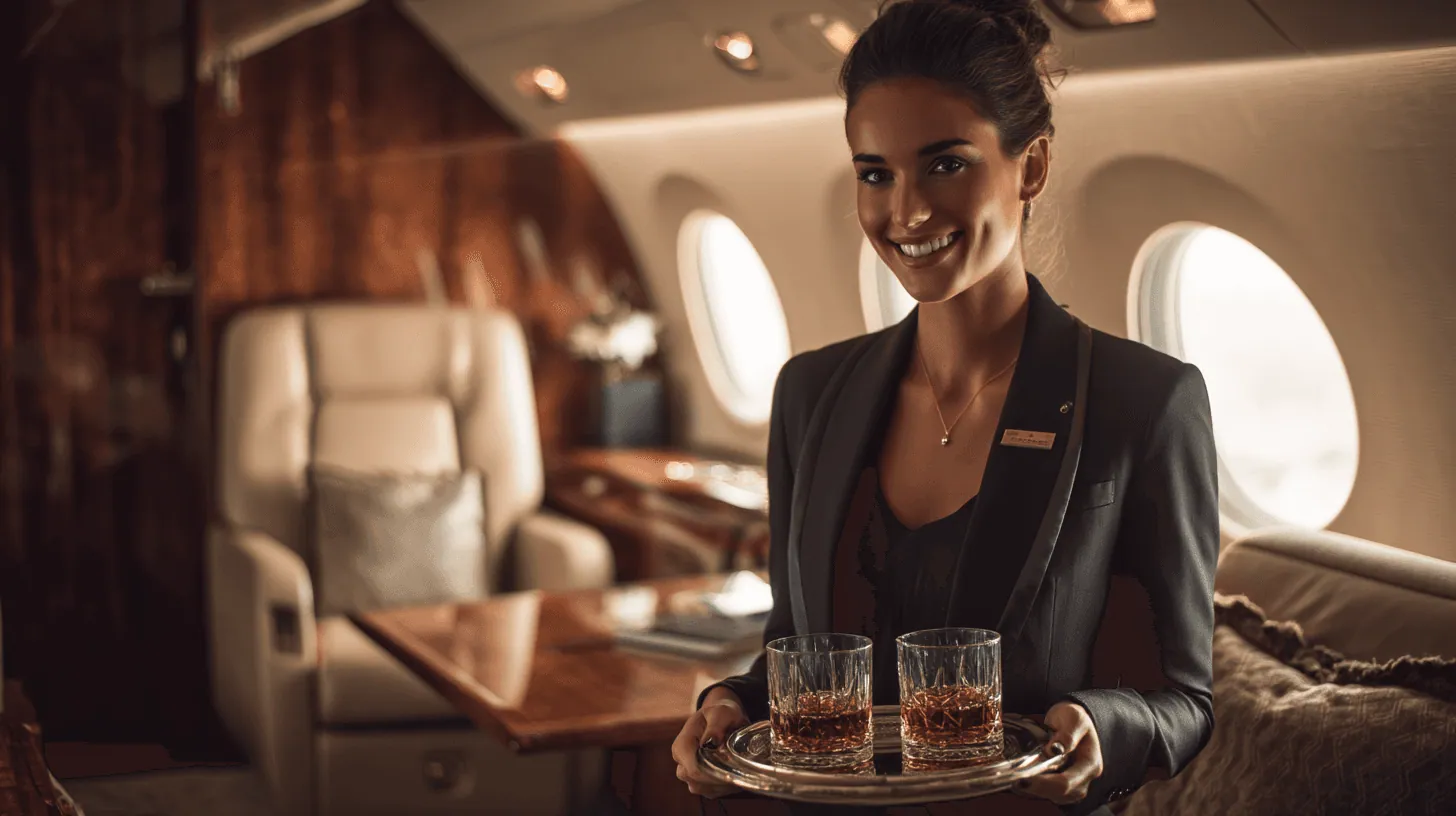 Cabin attendant serving drinks aboard a private jet
