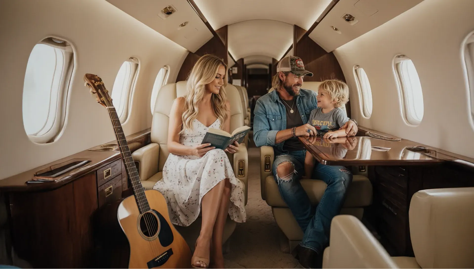 Artist family relaxing in a private jet cabin with a guitar