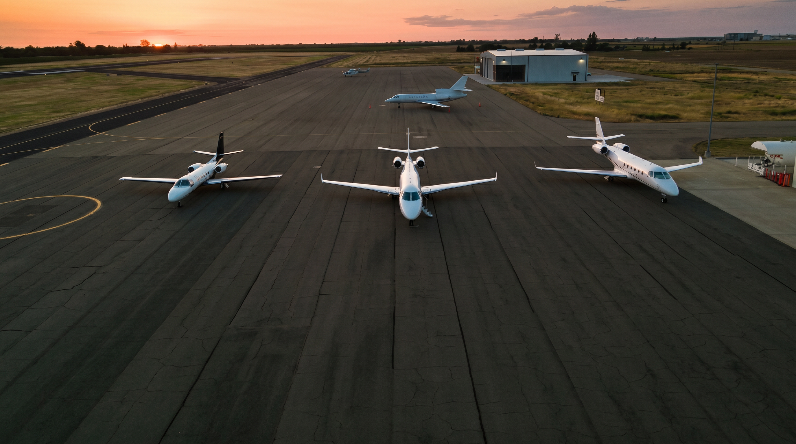 Three private jets parked on the ramp at sunset