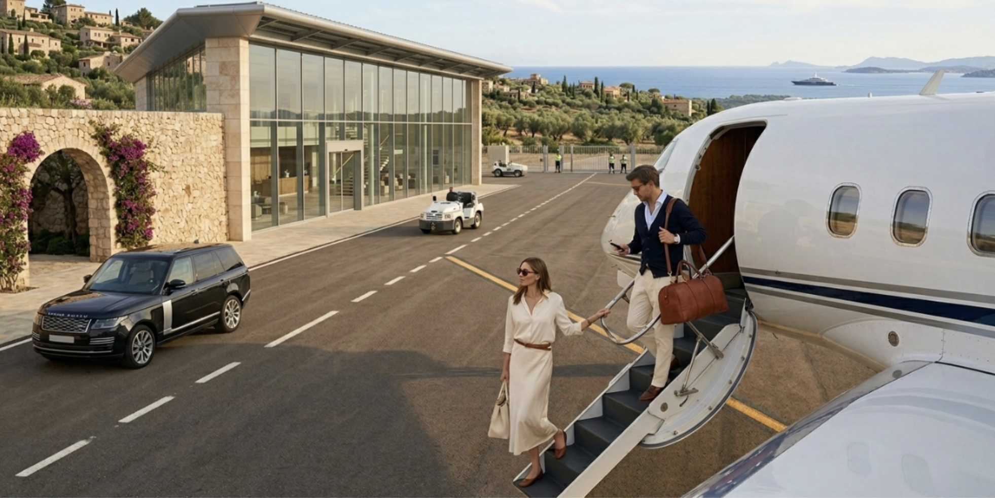 Couple stepping off a private jet onto the tarmac at a coastal Mediterranean FBO, chauffeured SUV waiting
