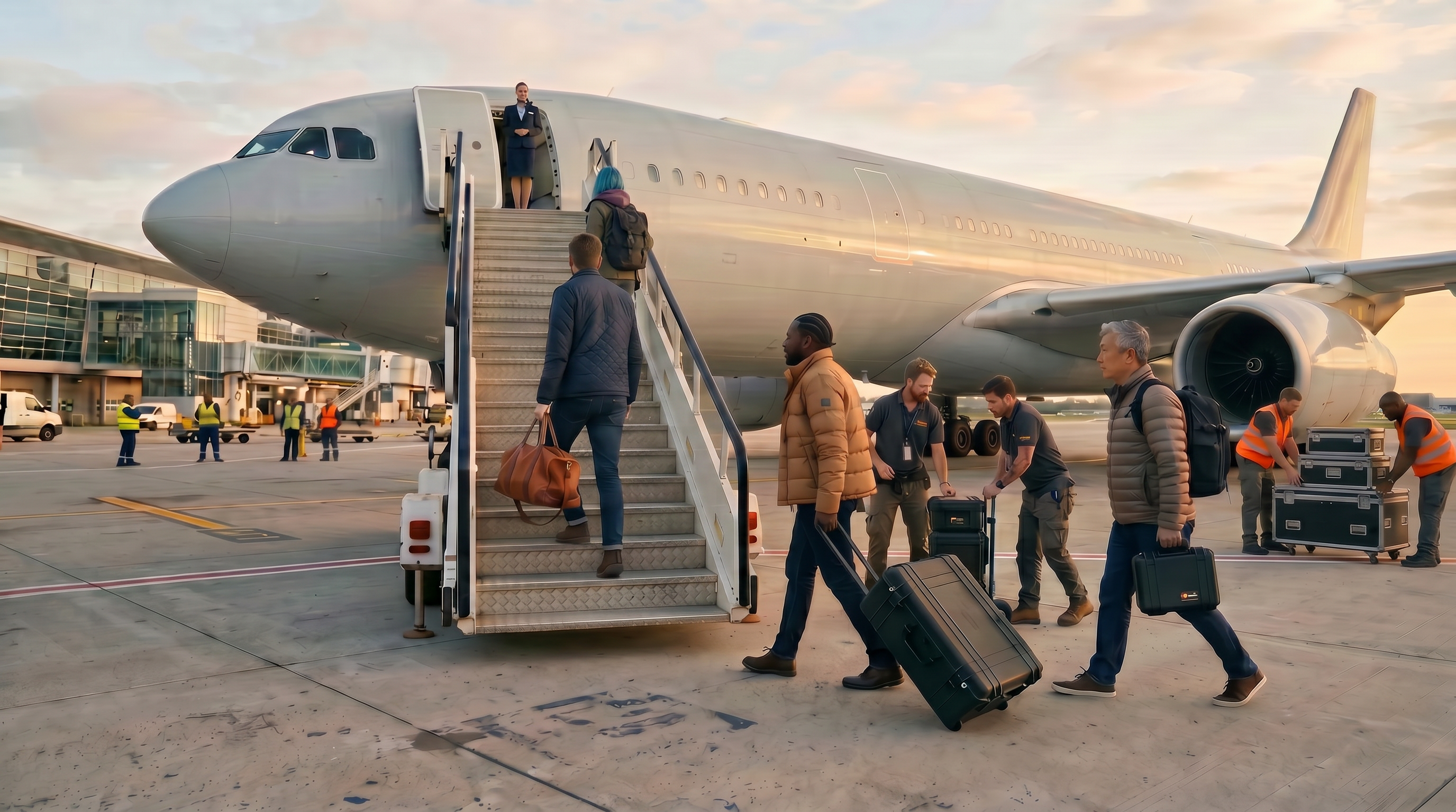 Production crew boarding a large aircraft with equipment cases