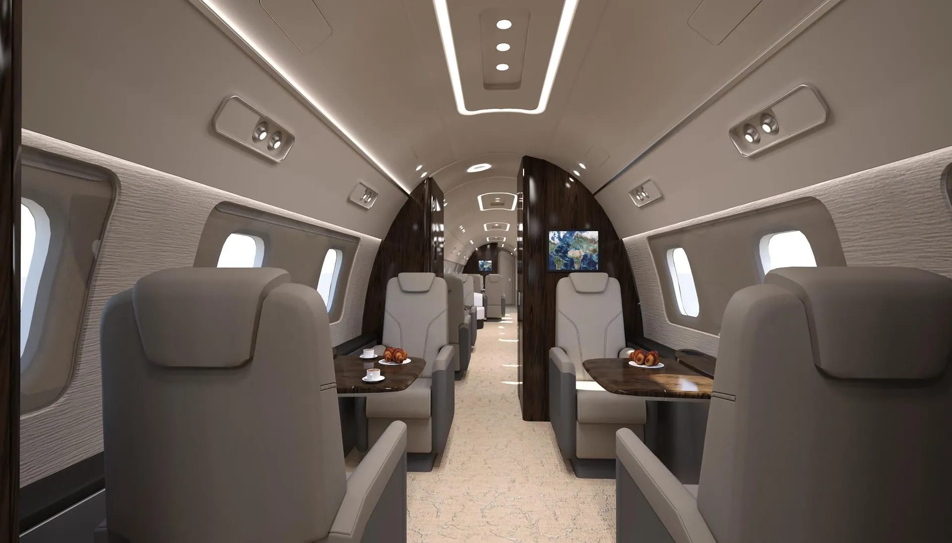 Spacious private jet cabin configured for a touring party