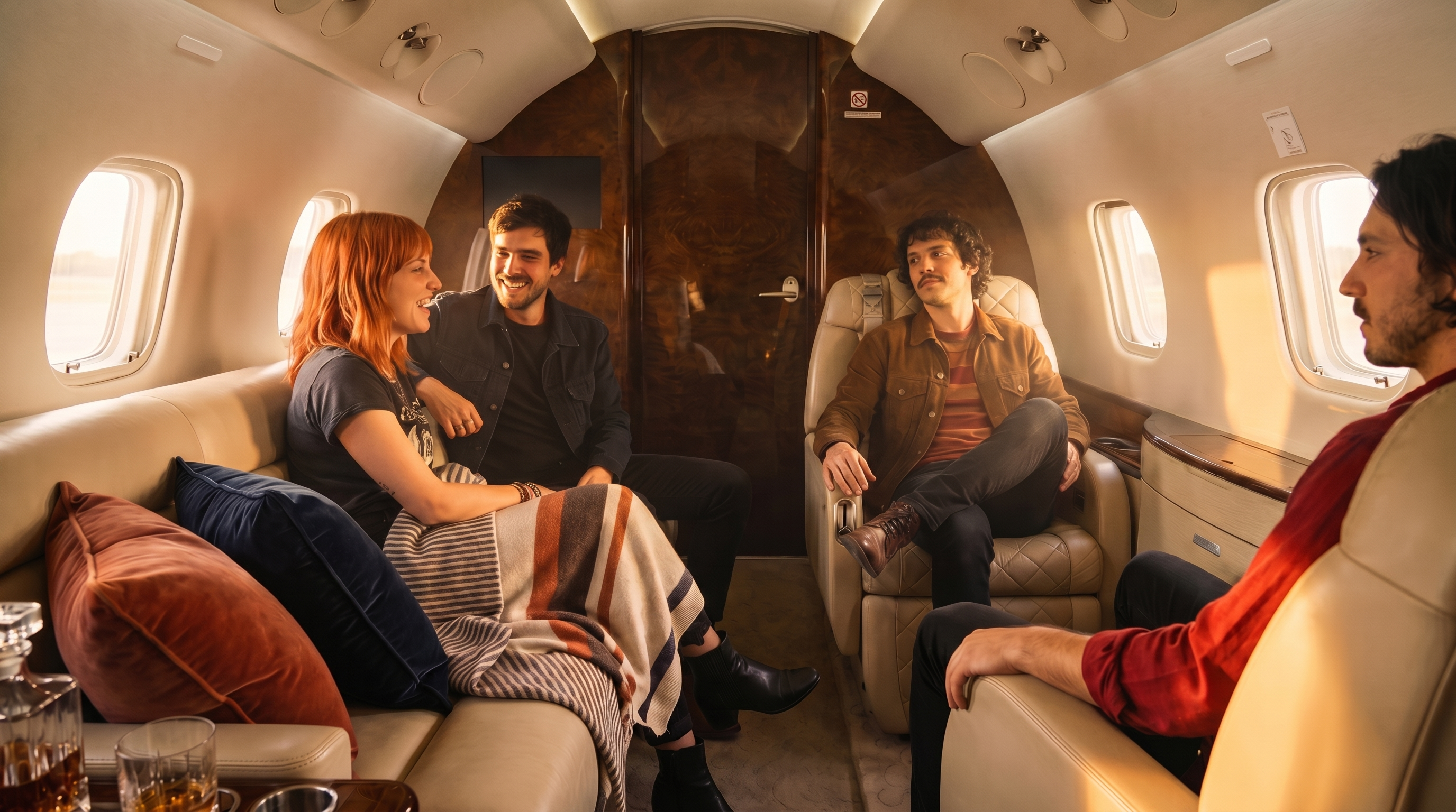 Touring band relaxing together in a private jet cabin