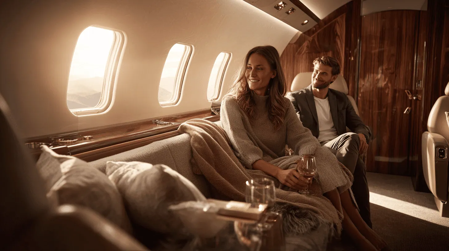 Couple relaxing in a private jet cabin