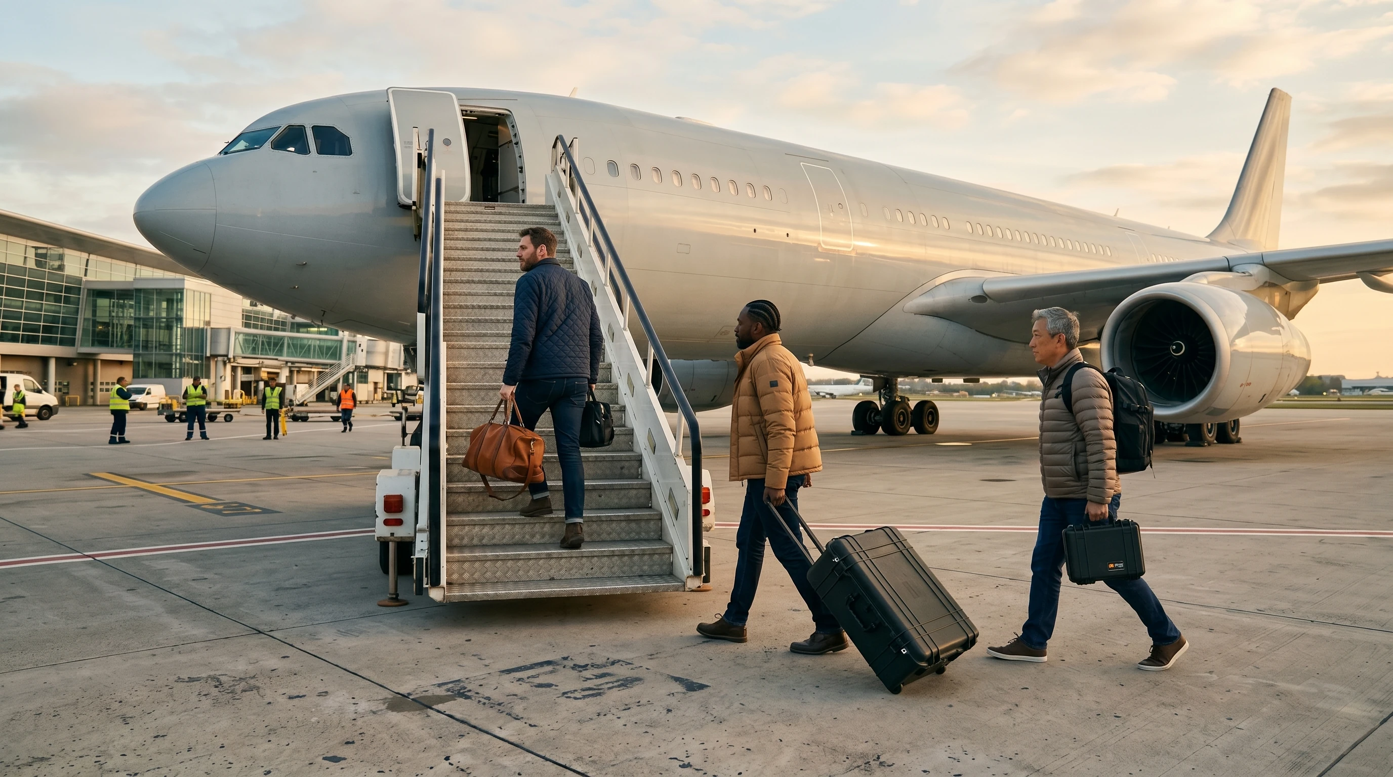 Production crew boarding a large aircraft with equipment cases
