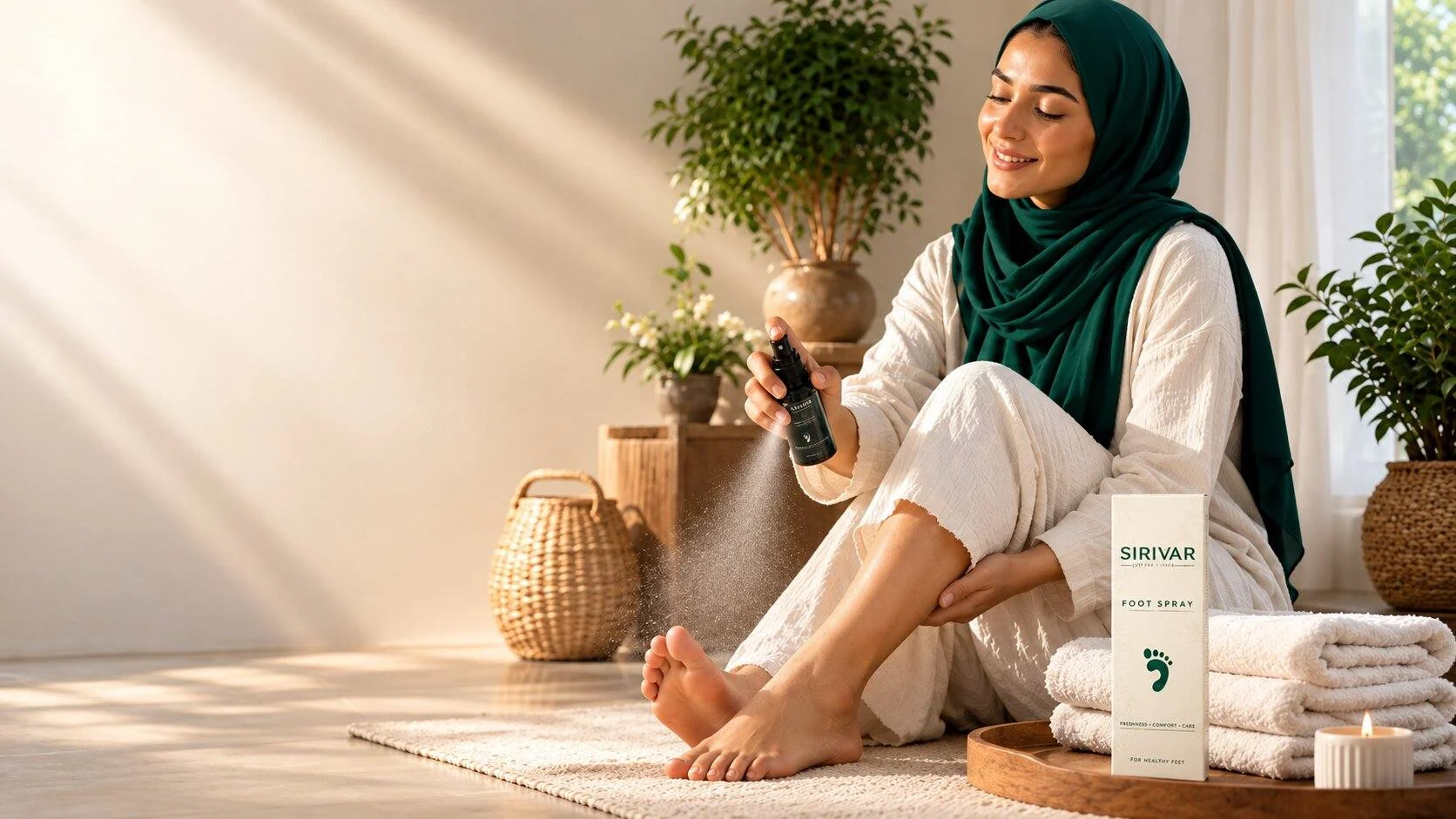 سيدة بحجاب أخضر ترش سبراي سيريفار على قدميها في غرفة مضيئة
