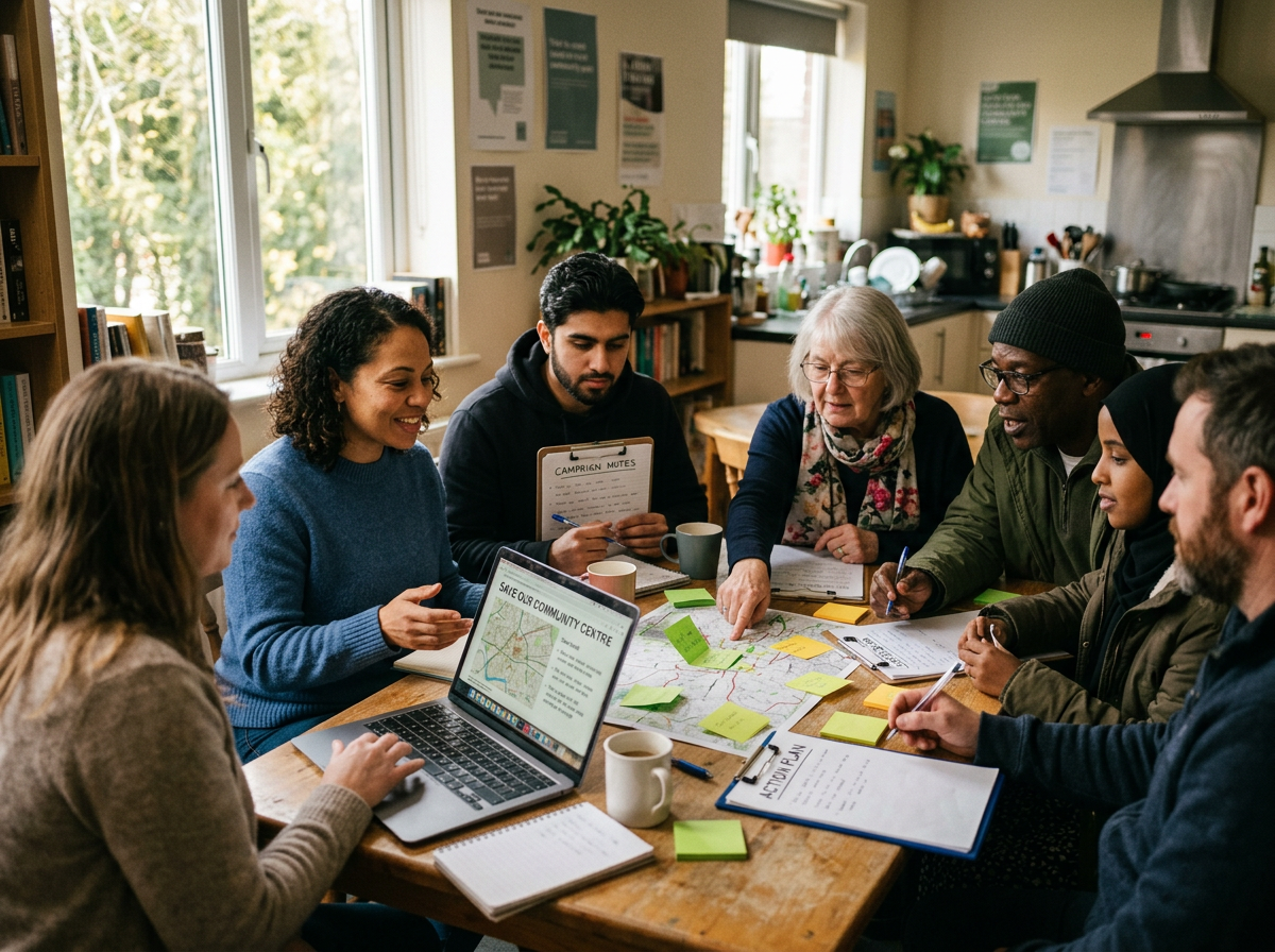 A diverse group of community campaigners planning a local advocacy campaign around a kitchen table