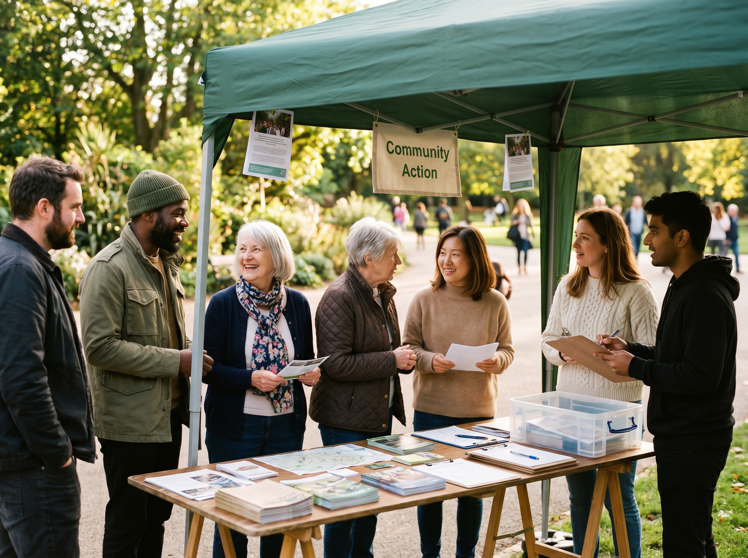 Community campaigners gathered around an outdoor stall in a park, sharing flyers and talking with neighbours about their cause