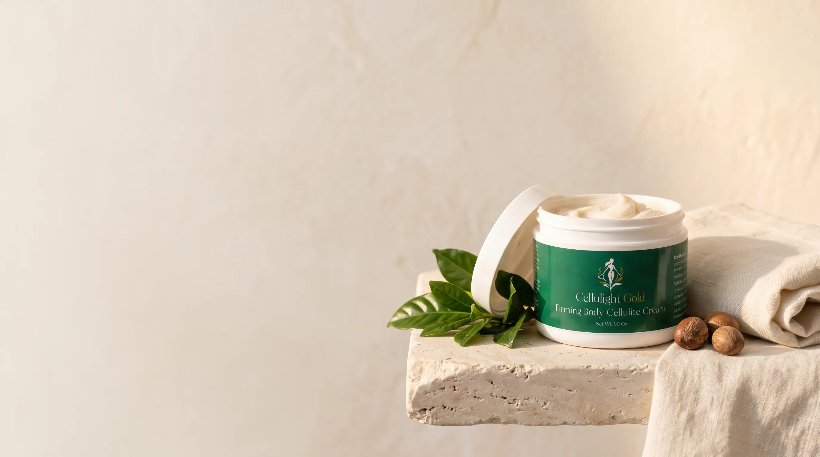 Cellulight Gold firming body cream arranged with towels and botanicals