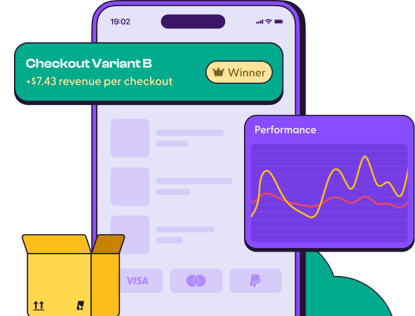 PDQ A/B testing analytics showing a winning checkout variant and revenue per checkout
